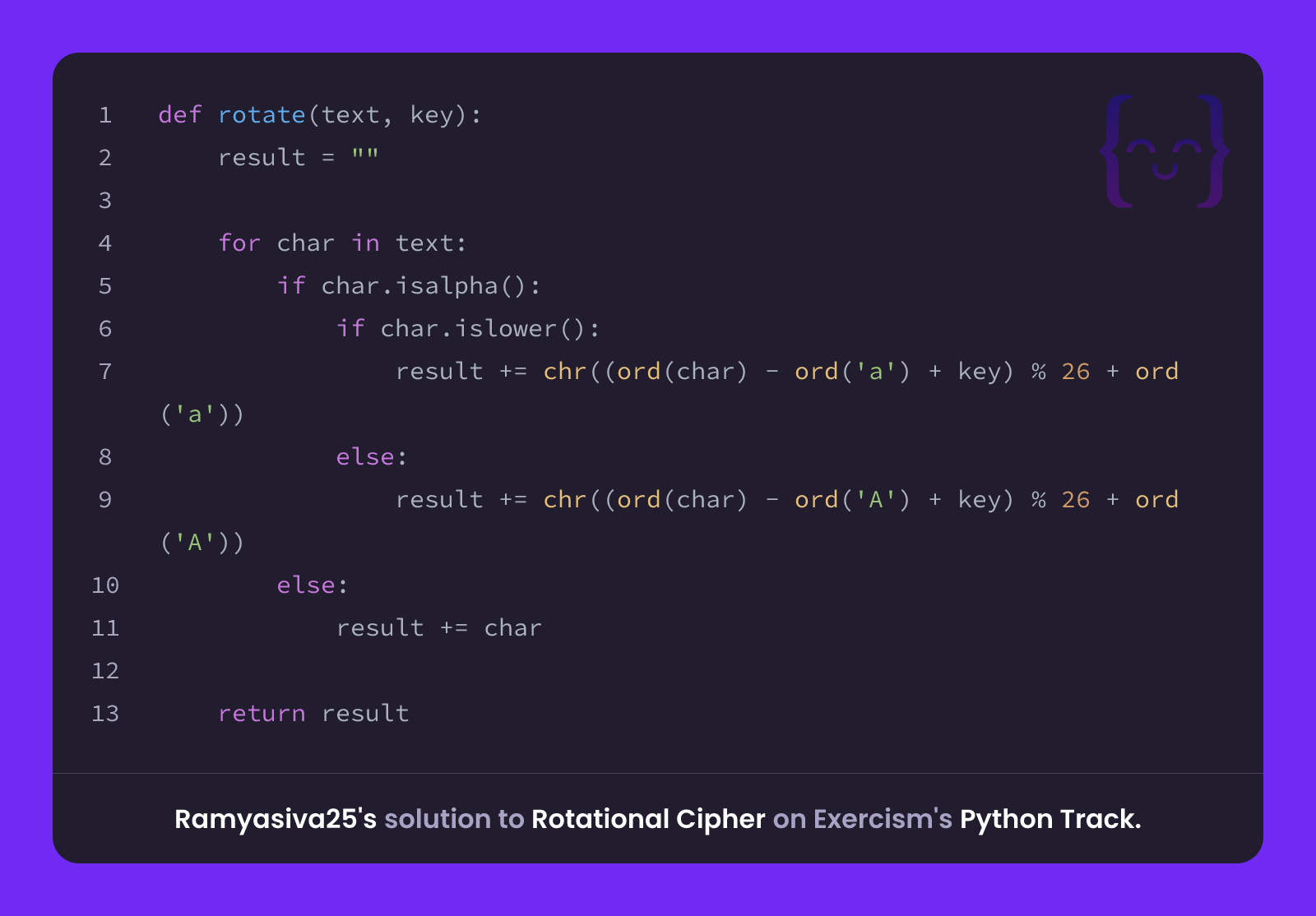 Ramyasiva25's solution for Rotational Cipher in Python on Exercism