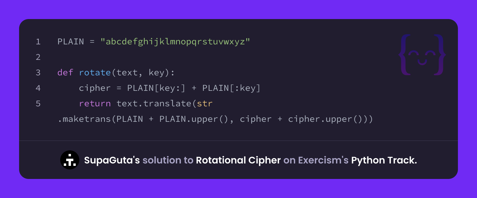SupaGuta's solution for Rotational Cipher in Python on Exercism