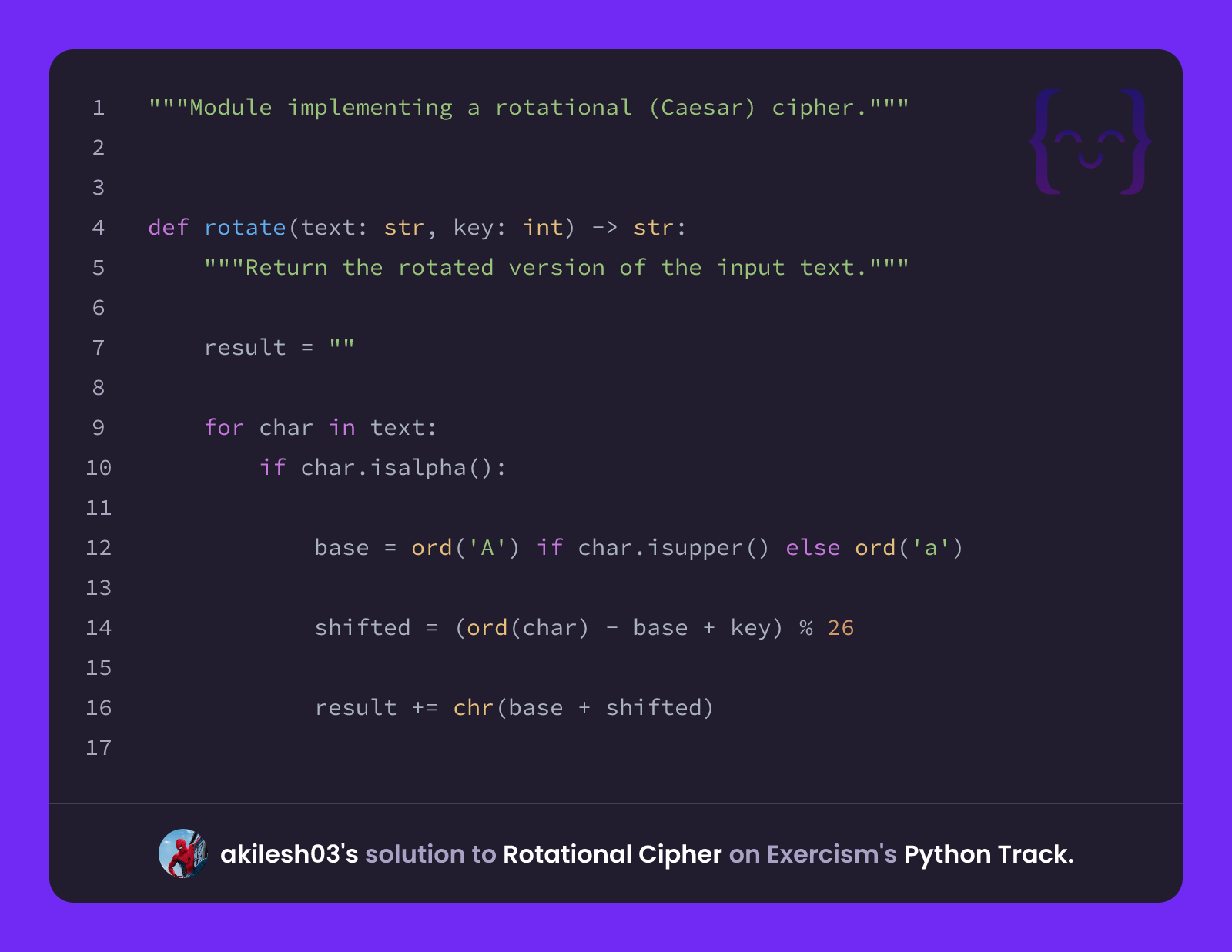 akilesh03's solution for Rotational Cipher in Python on Exercism