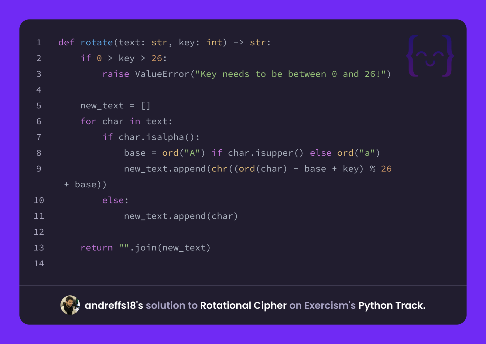 andreffs18's solution for Rotational Cipher in Python on Exercism