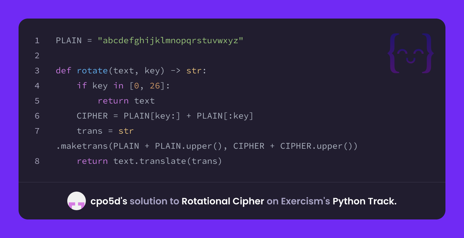 cpo5d's solution for Rotational Cipher in Python on Exercism