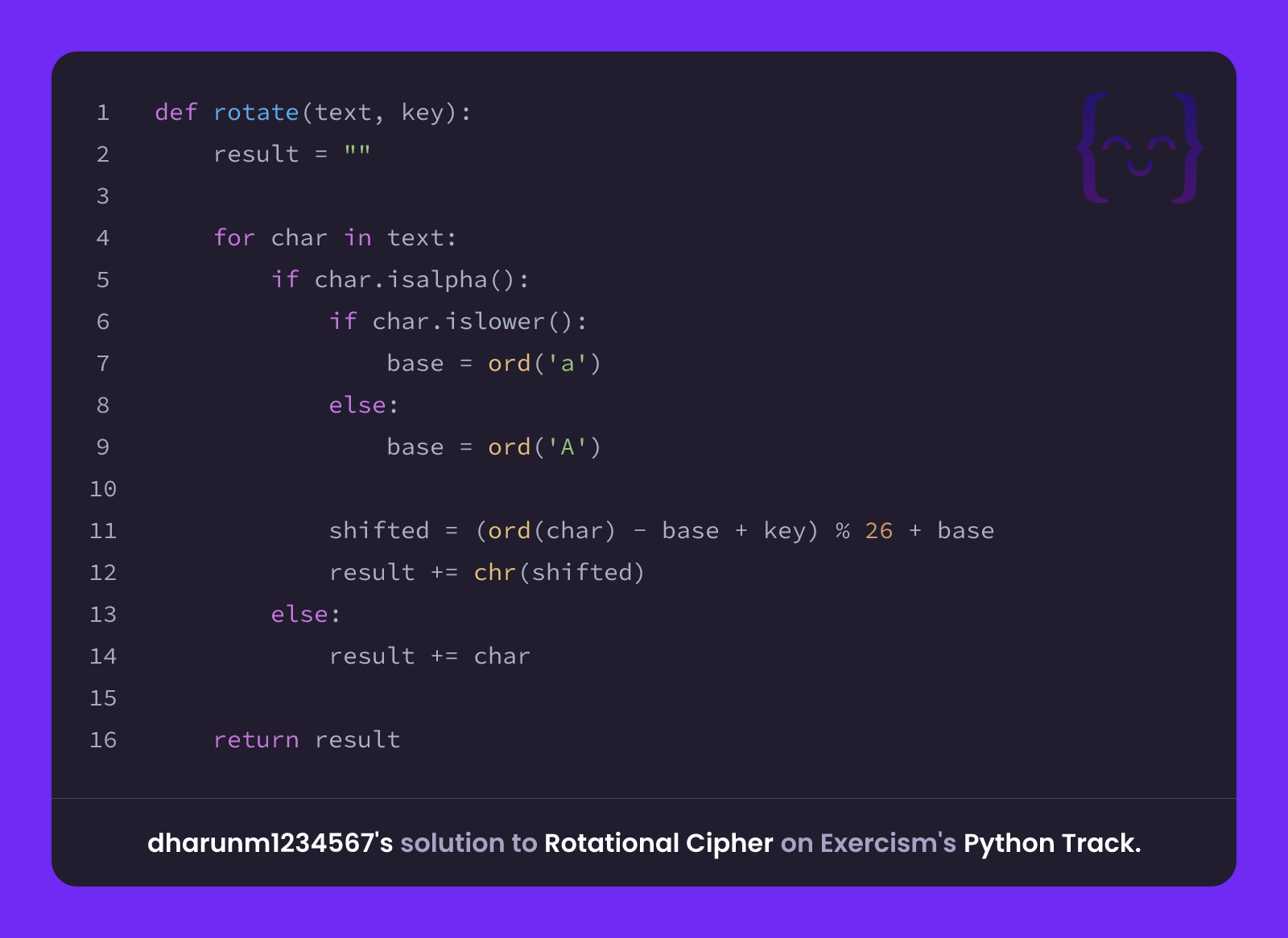 dharunm1234567's solution for Rotational Cipher in Python on Exercism