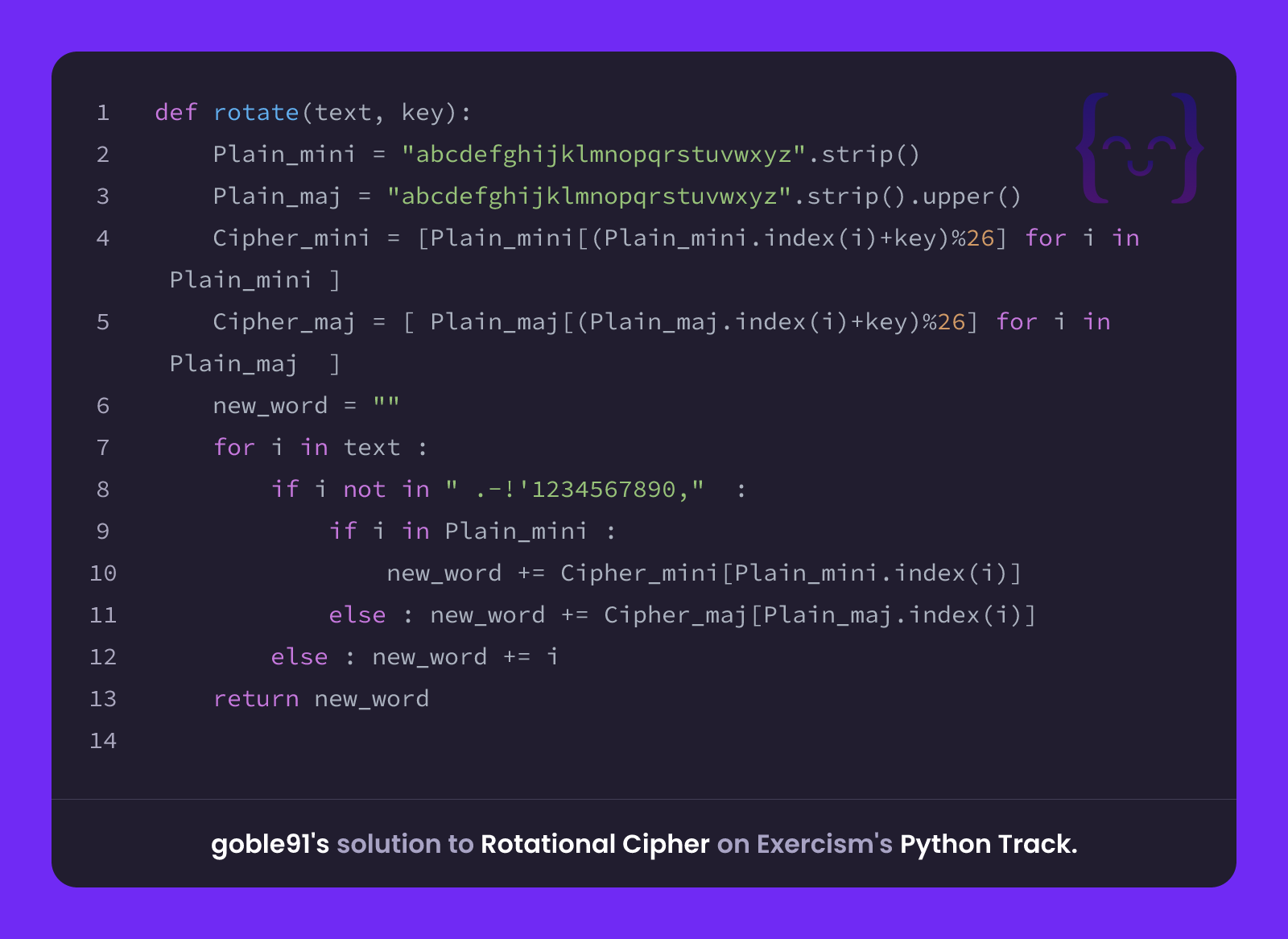 goble91's solution for Rotational Cipher in Python on Exercism