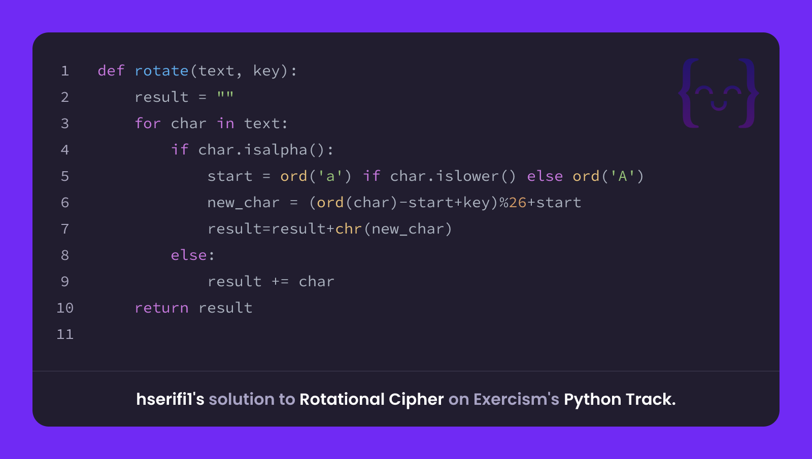hserifi1's solution for Rotational Cipher in Python on Exercism