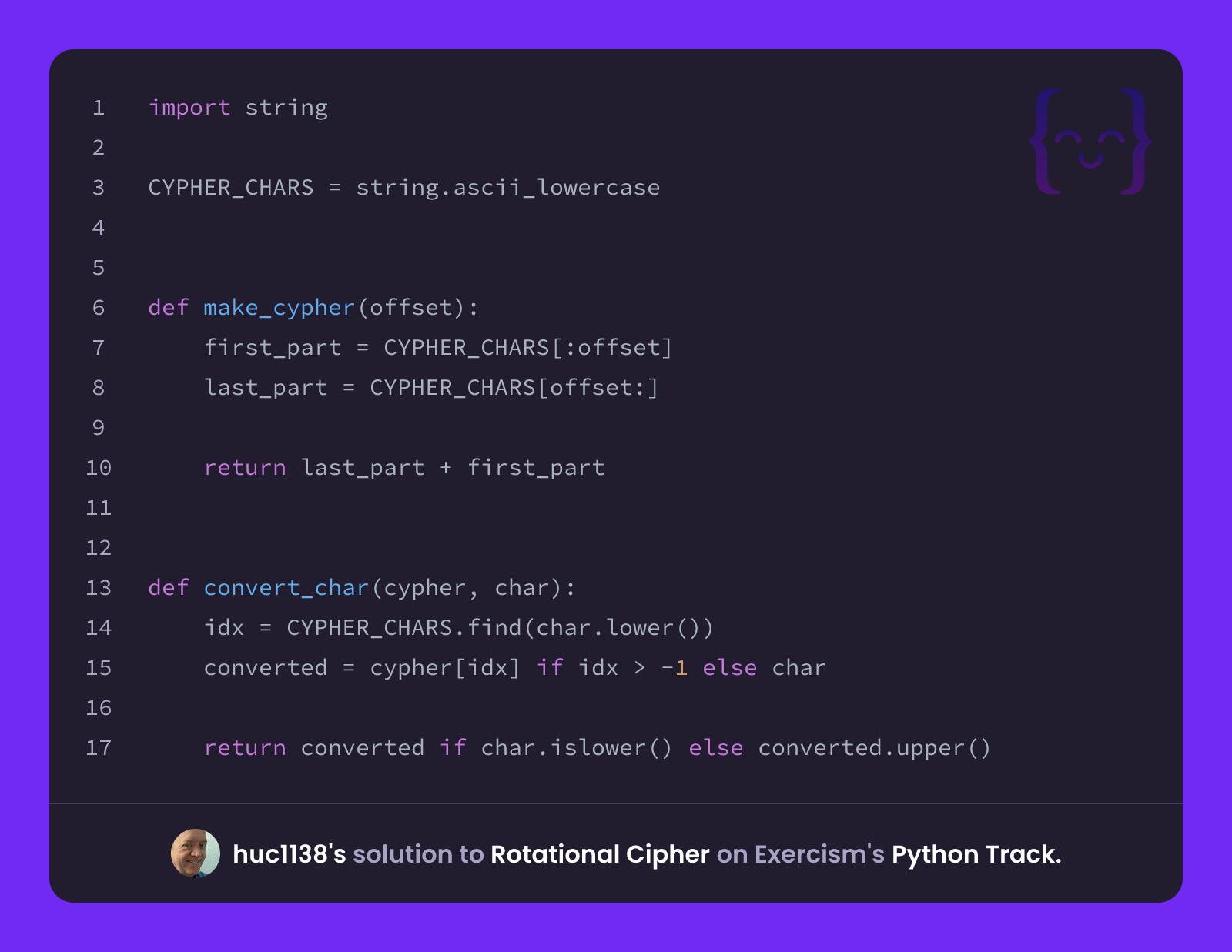 huc1138's solution for Rotational Cipher in Python on Exercism