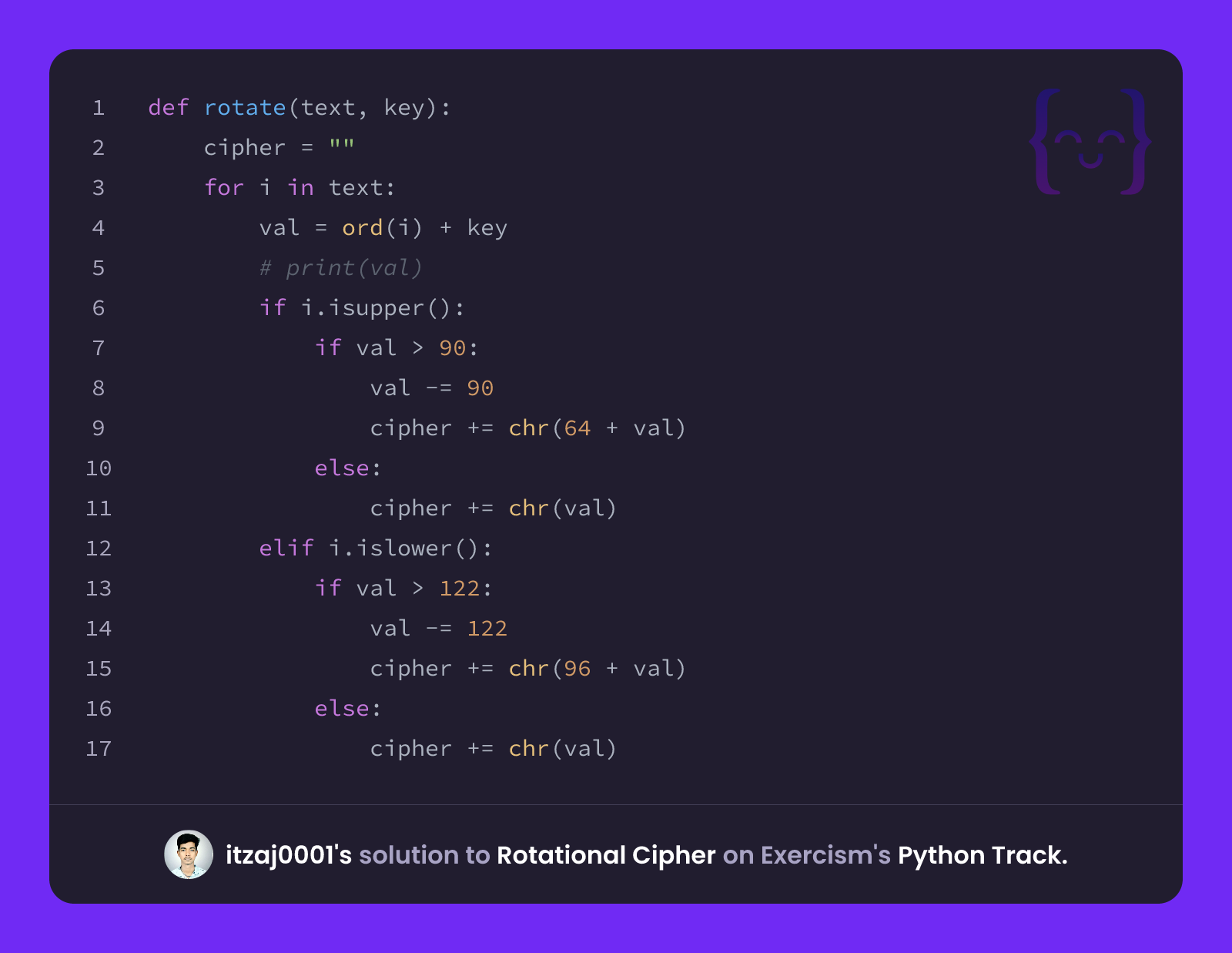 itzaj0001's solution for Rotational Cipher in Python on Exercism