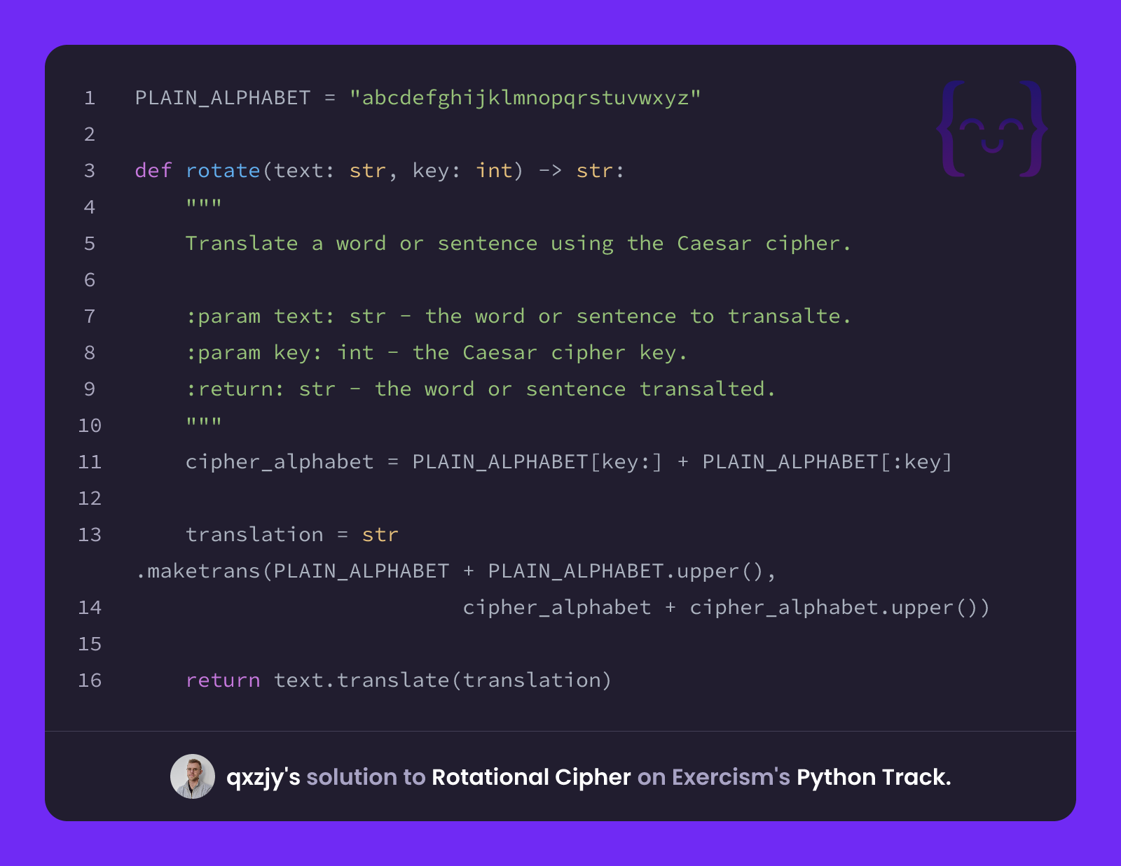 qxzjy's solution for Rotational Cipher in Python on Exercism