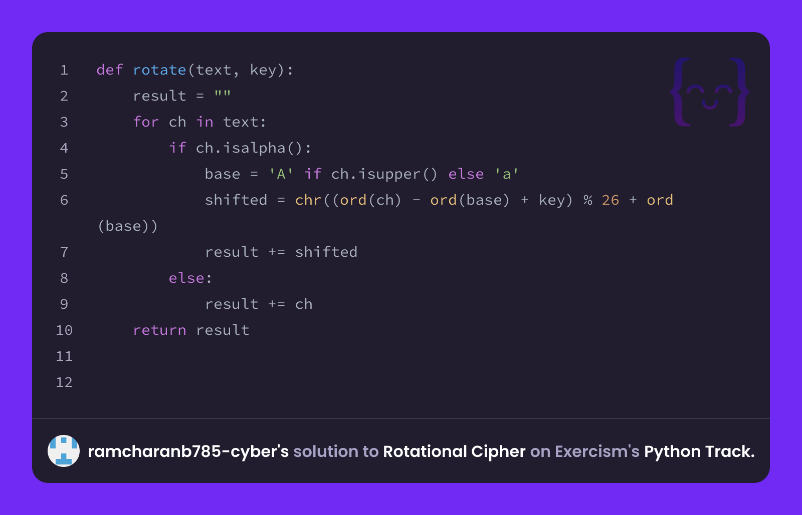 ramcharanb785-cyber's solution for Rotational Cipher in Python on Exercism