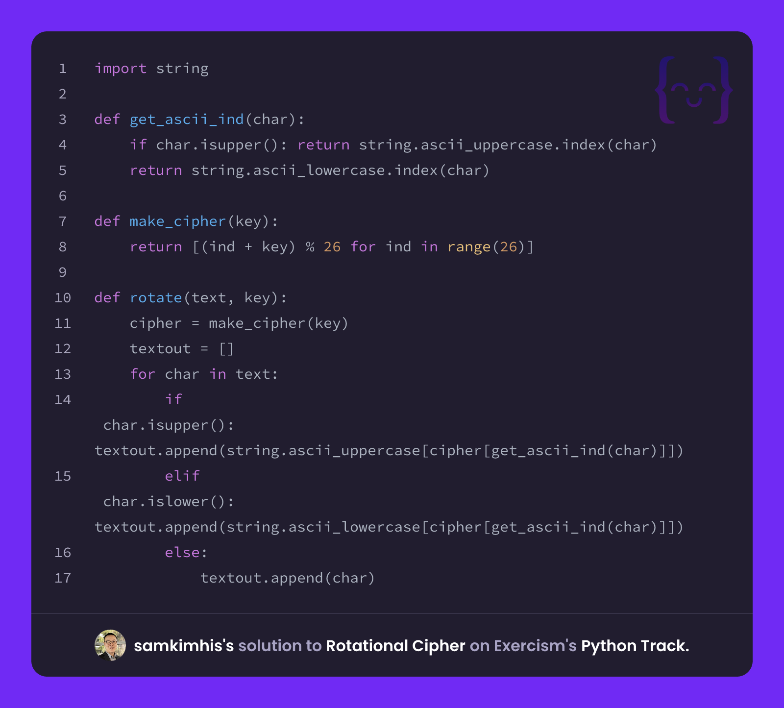 samkimhis's solution for Rotational Cipher in Python on Exercism