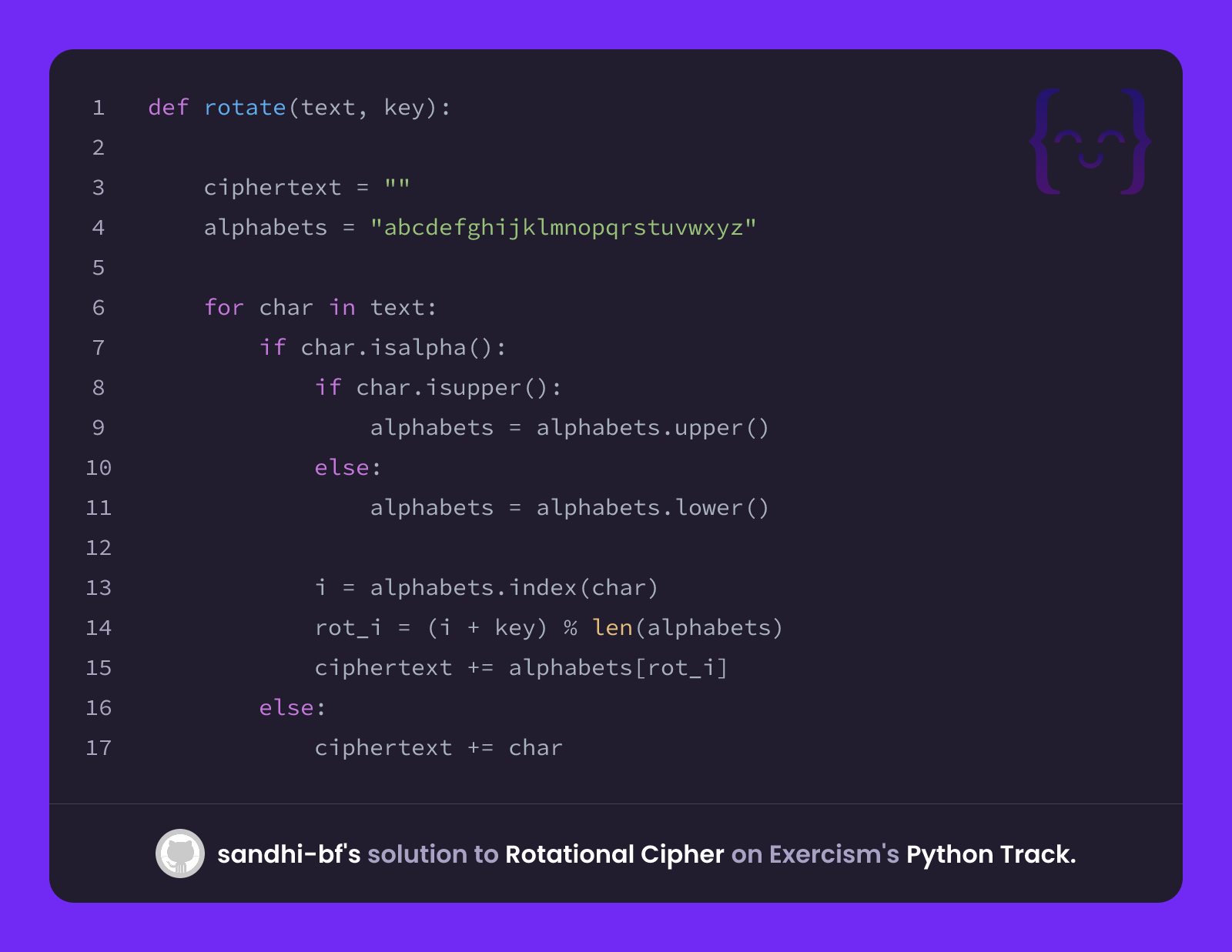 sandhi-bf's solution for Rotational Cipher in Python on Exercism