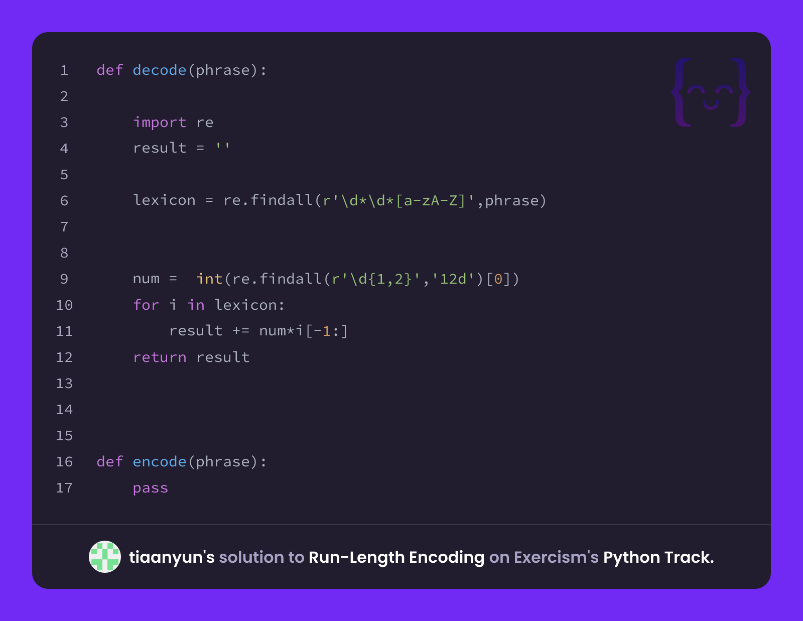 tiaanyun's solution for Run-Length Encoding in Python on Exercism