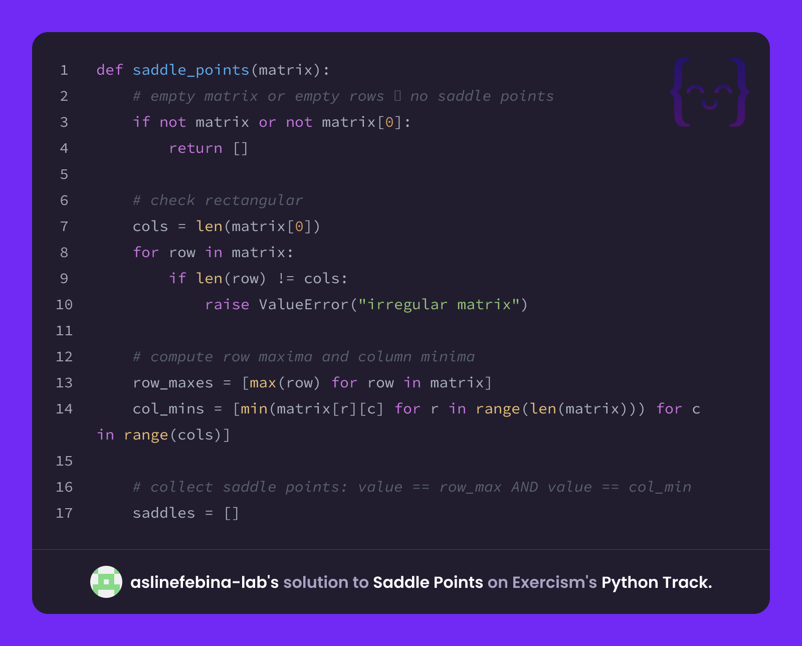 aslinefebina-lab's solution for Saddle Points in Python on Exercism