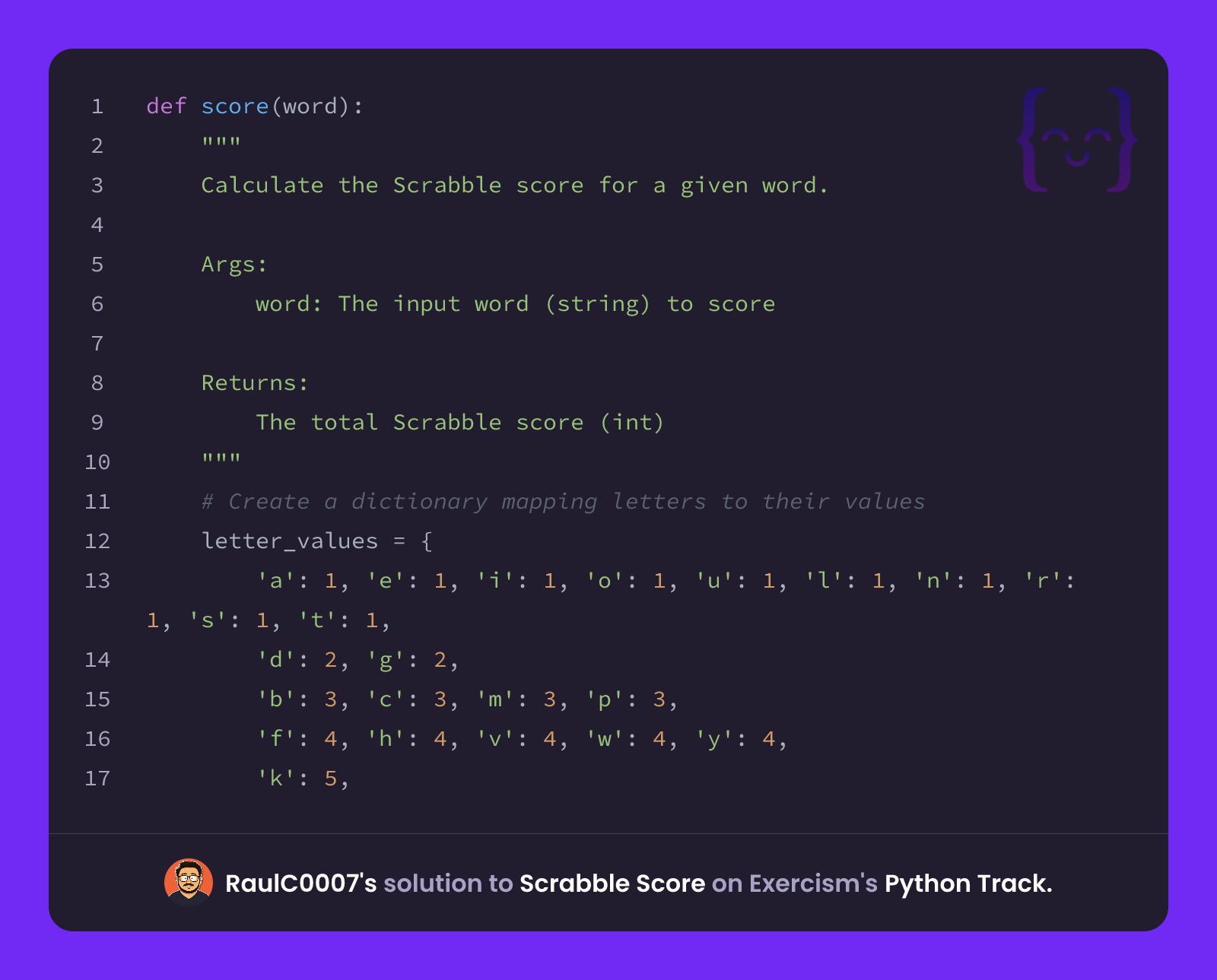 RaulC0007's solution for Scrabble Score in Python on Exercism