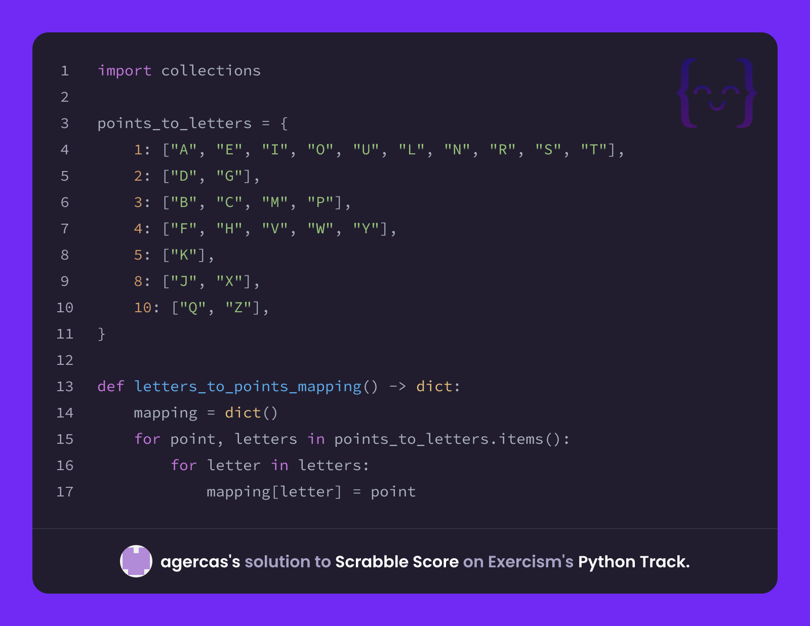 agercas's solution for Scrabble Score in Python on Exercism