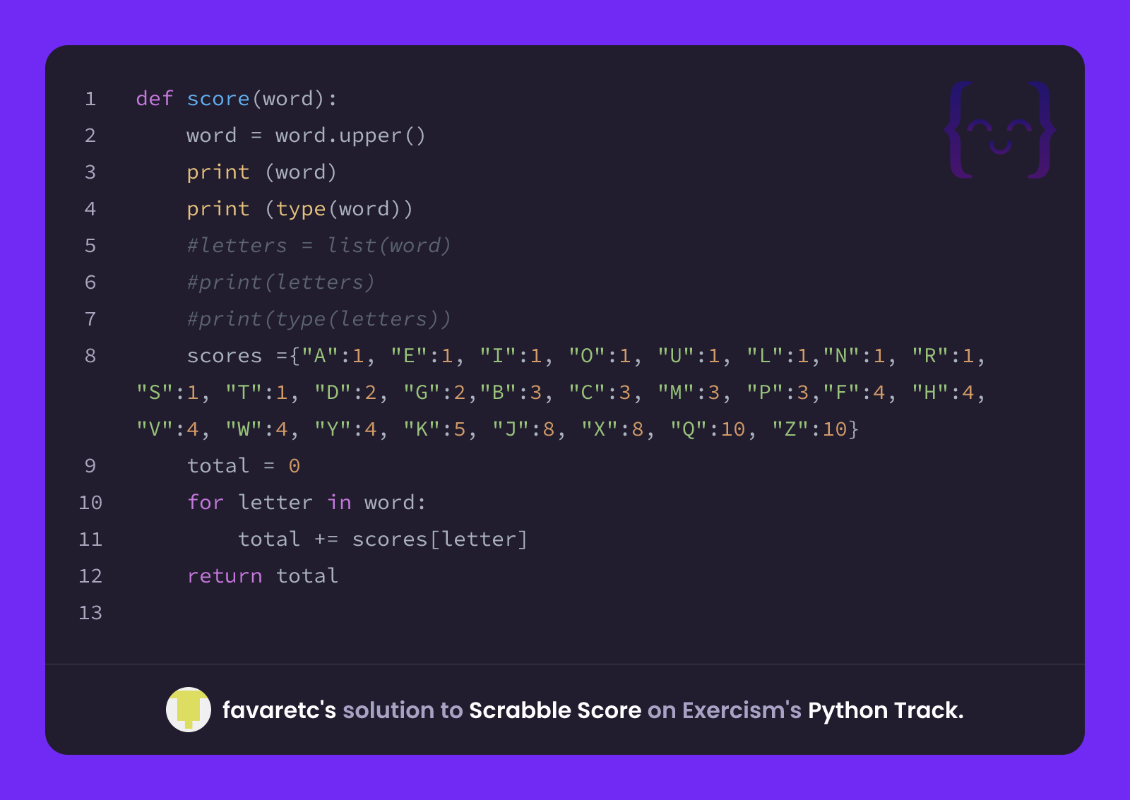 favaretc's solution for Scrabble Score in Python on Exercism