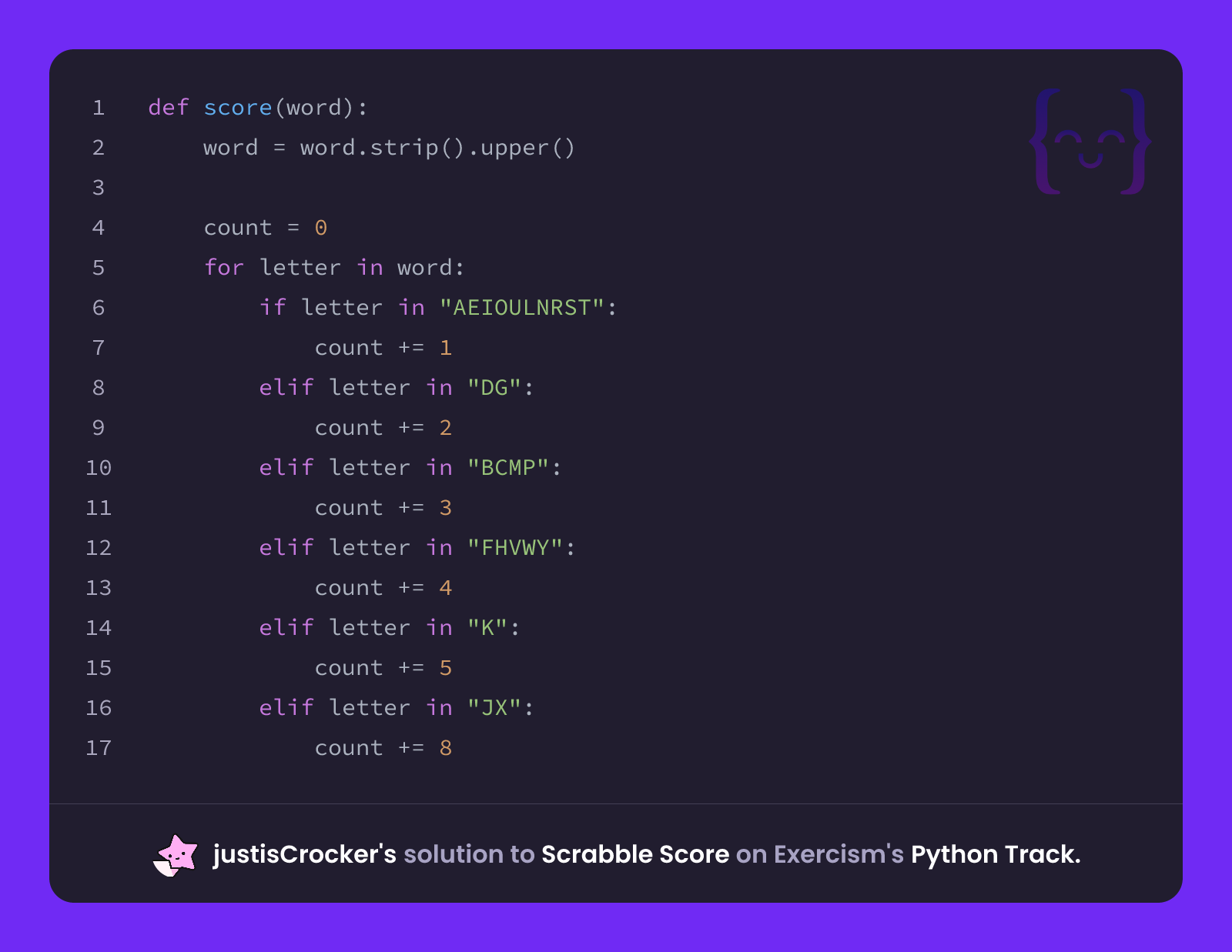 justisCrocker's solution for Scrabble Score in Python on Exercism
