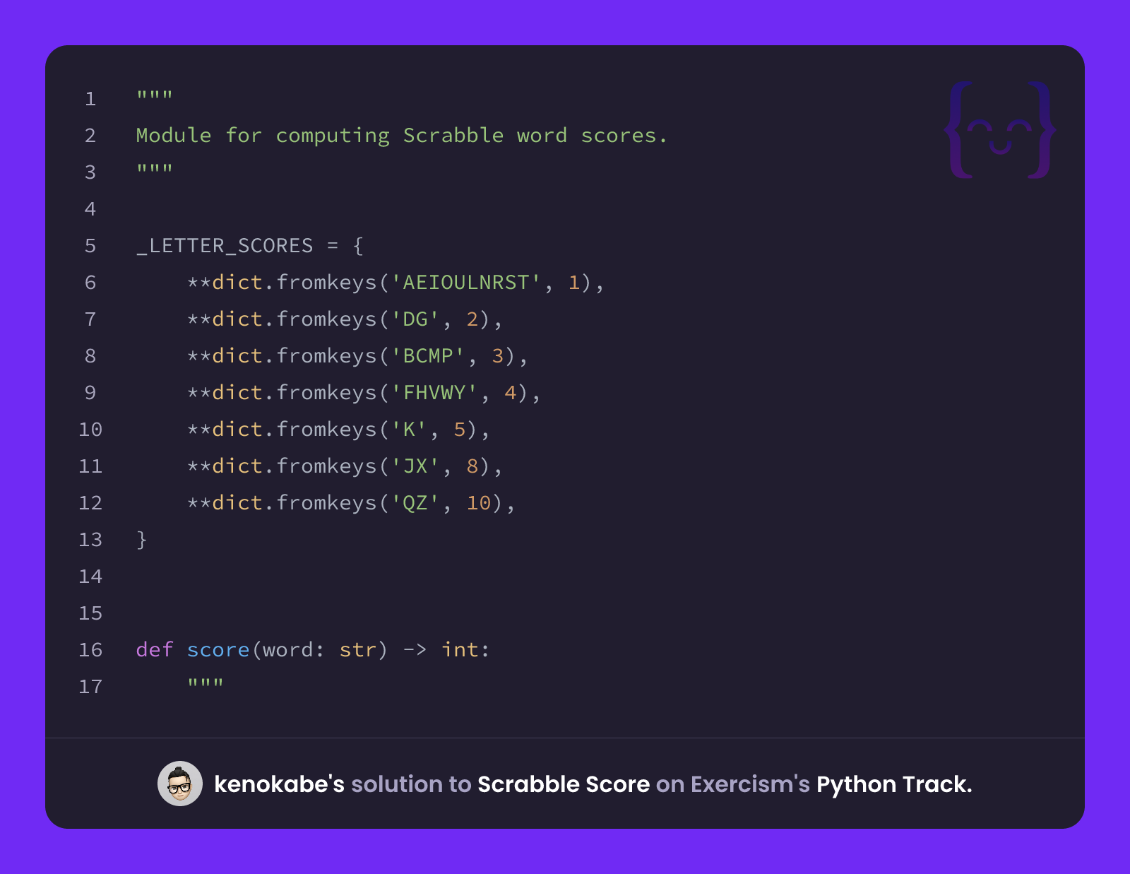 kenokabe's solution for Scrabble Score in Python on Exercism