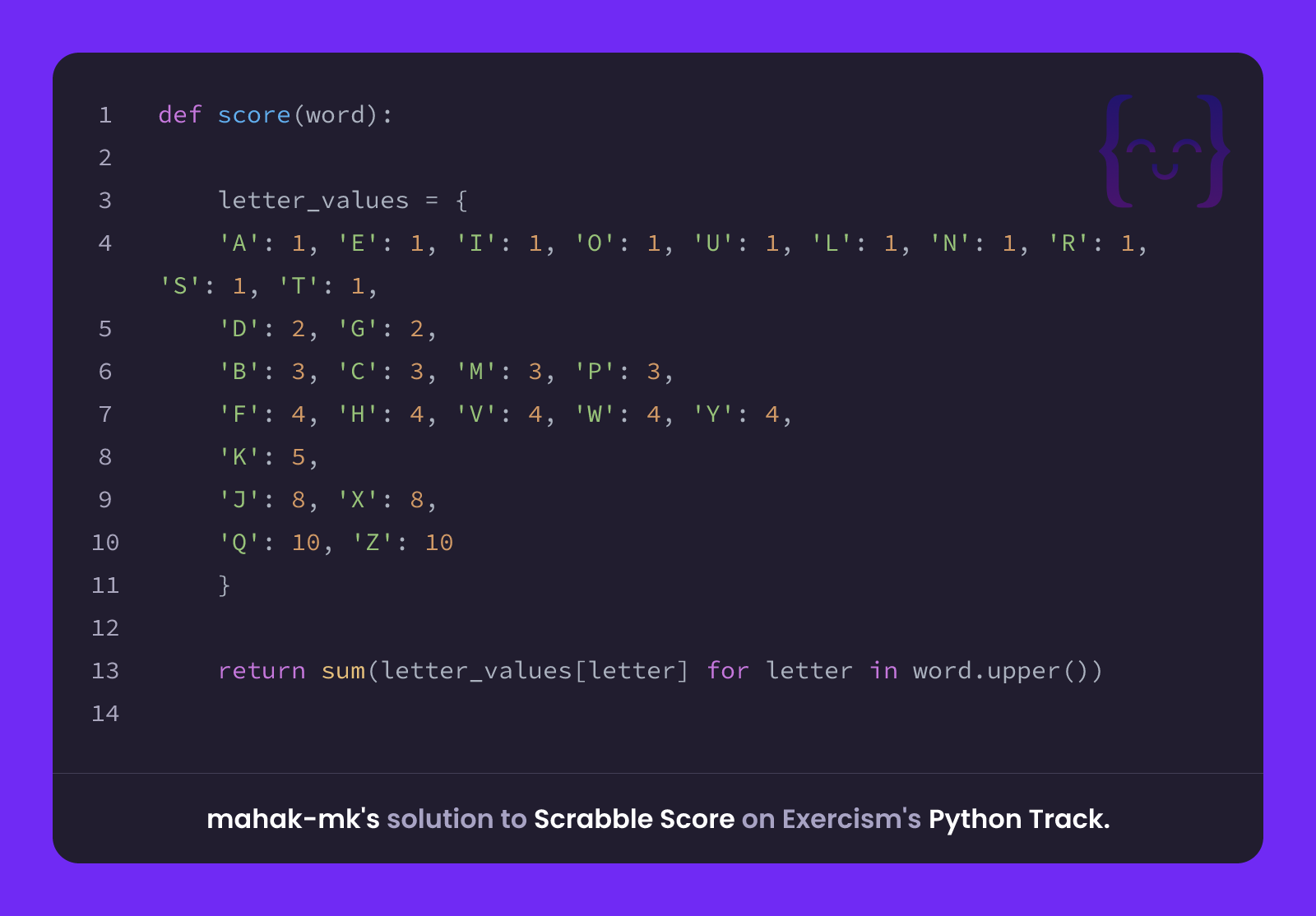 mahak-mk's solution for Scrabble Score in Python on Exercism