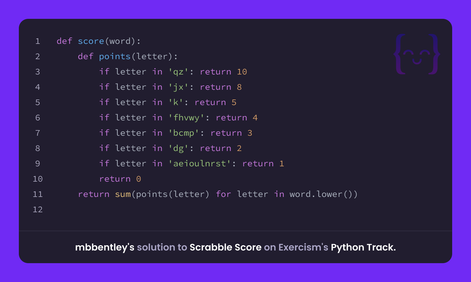 mbbentley's solution for Scrabble Score in Python on Exercism