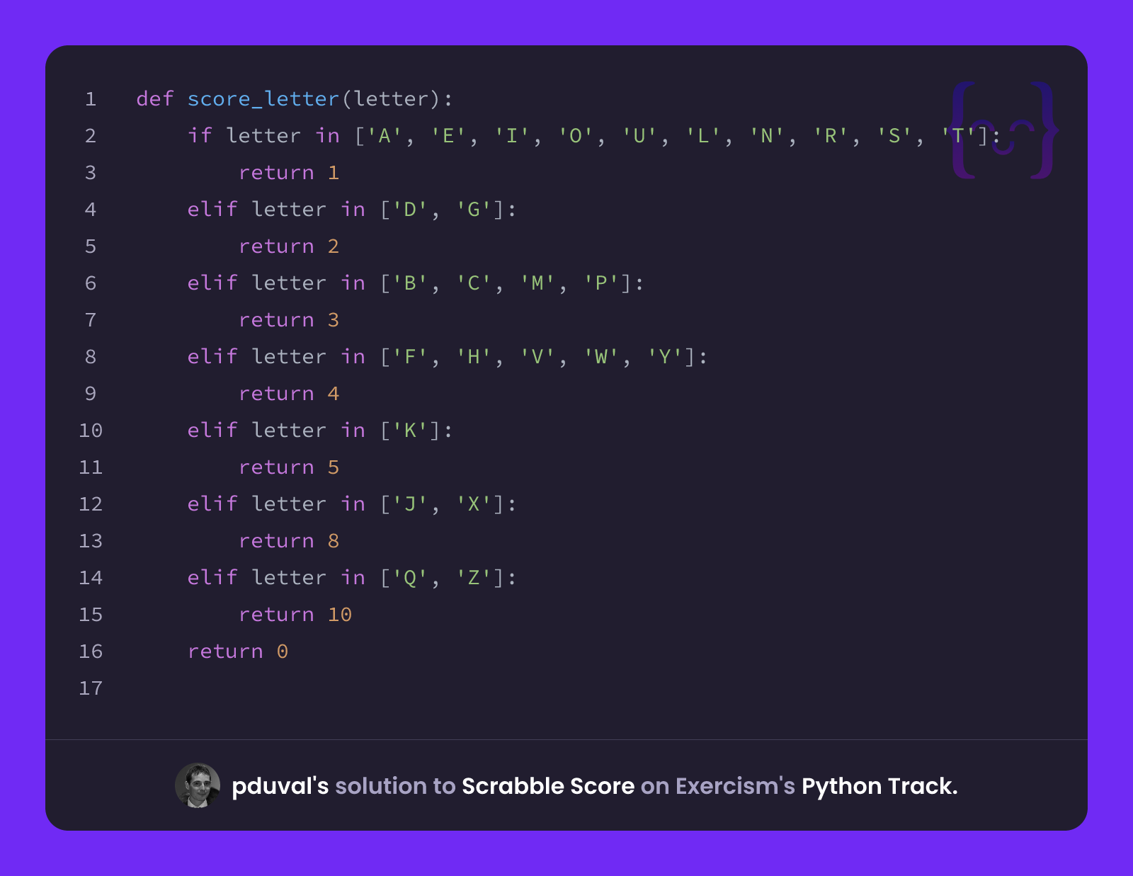 pduval's solution for Scrabble Score in Python on Exercism