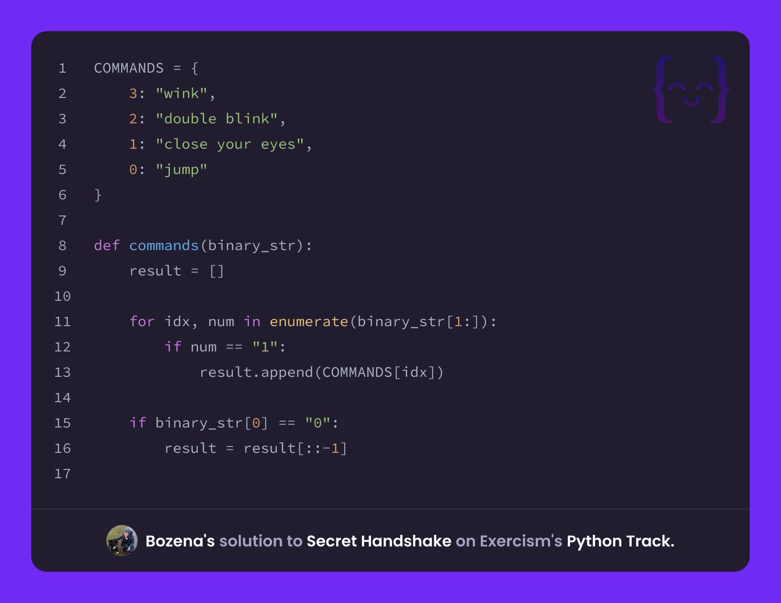 Bozena's solution for Secret Handshake in Python on Exercism