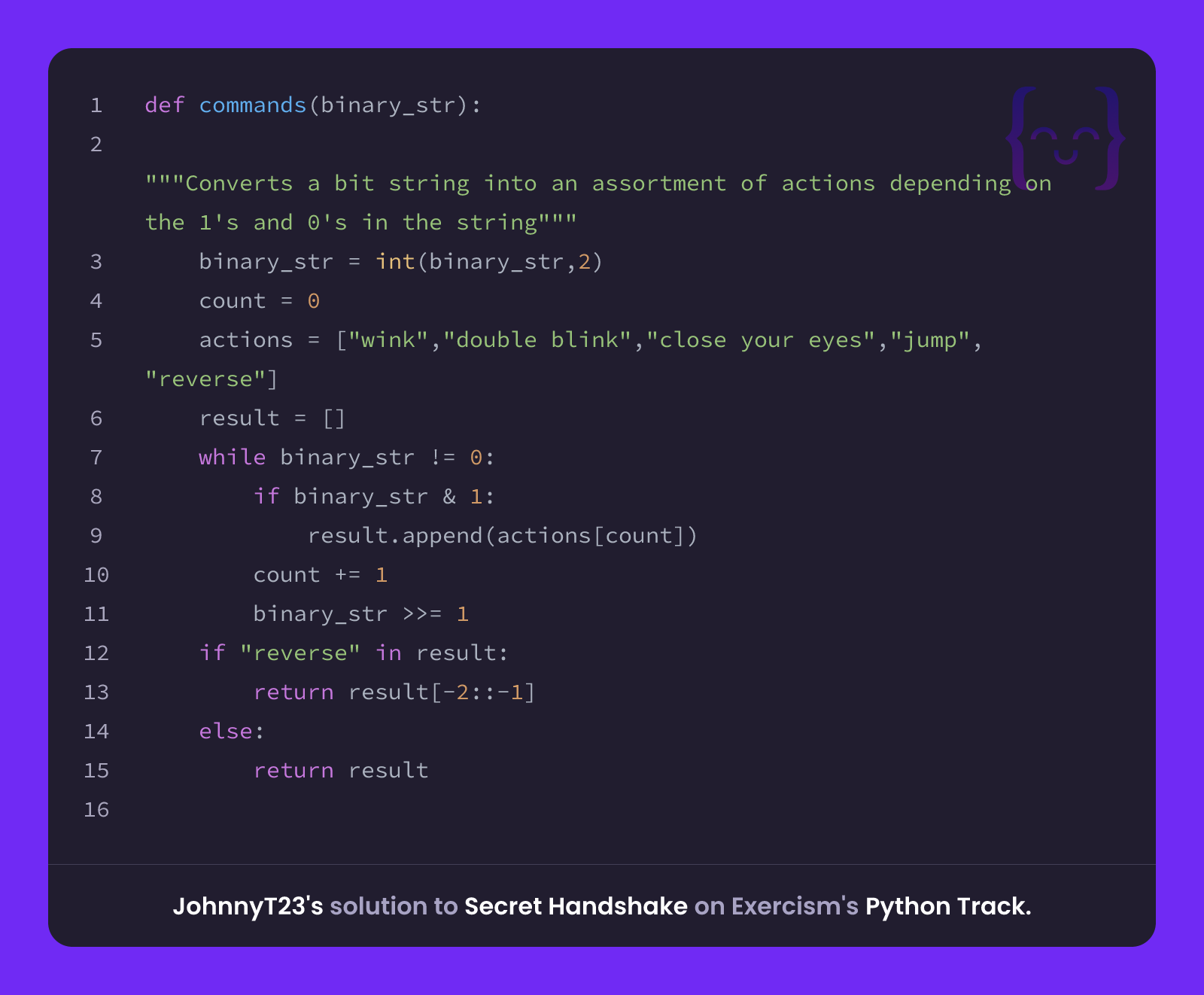 JohnnyT23's solution for Secret Handshake in Python on Exercism