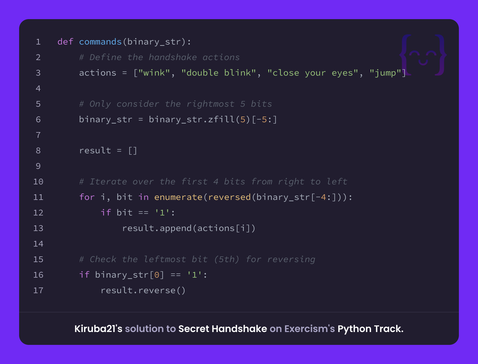 Kiruba21's solution for Secret Handshake in Python on Exercism
