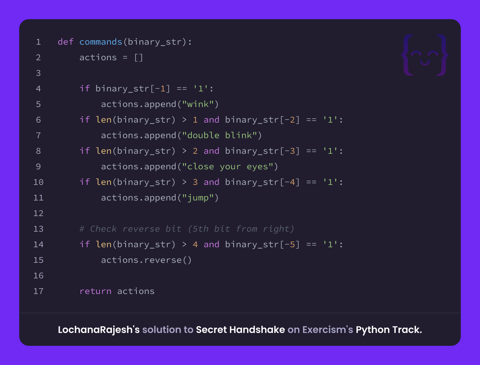 LochanaRajesh's solution for Secret Handshake in Python on Exercism
