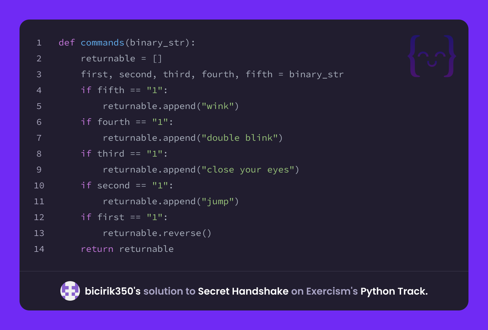 bicirik350's solution for Secret Handshake in Python on Exercism