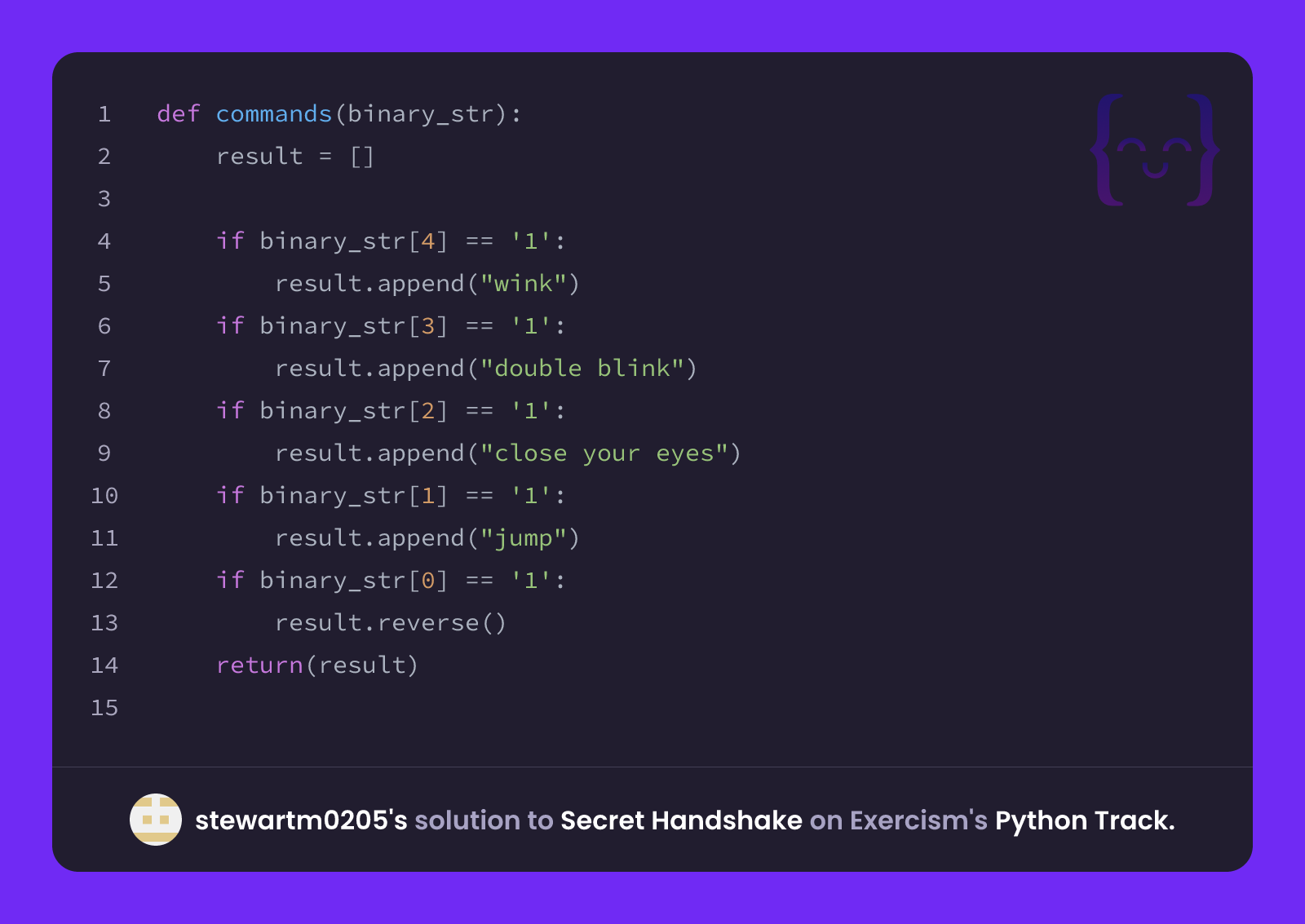 stewartm0205's solution for Secret Handshake in Python on Exercism