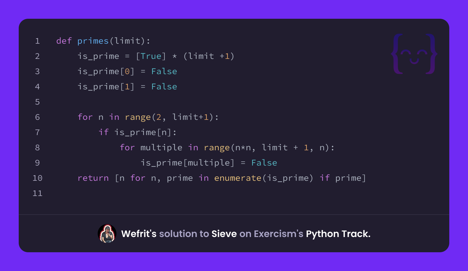 Wefrit's solution for Sieve in Python on Exercism