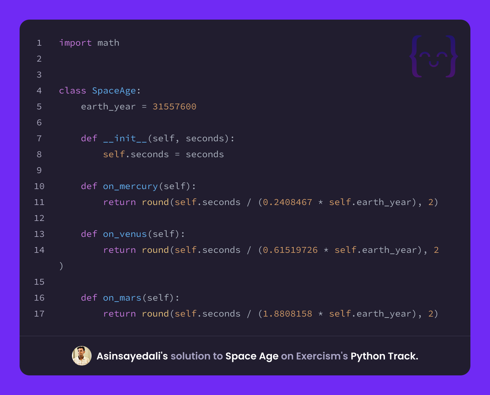 Asinsayedali's solution for Space Age in Python on Exercism