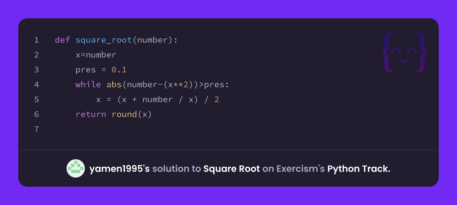 yamen1995's solution for Square Root in Python on Exercism
