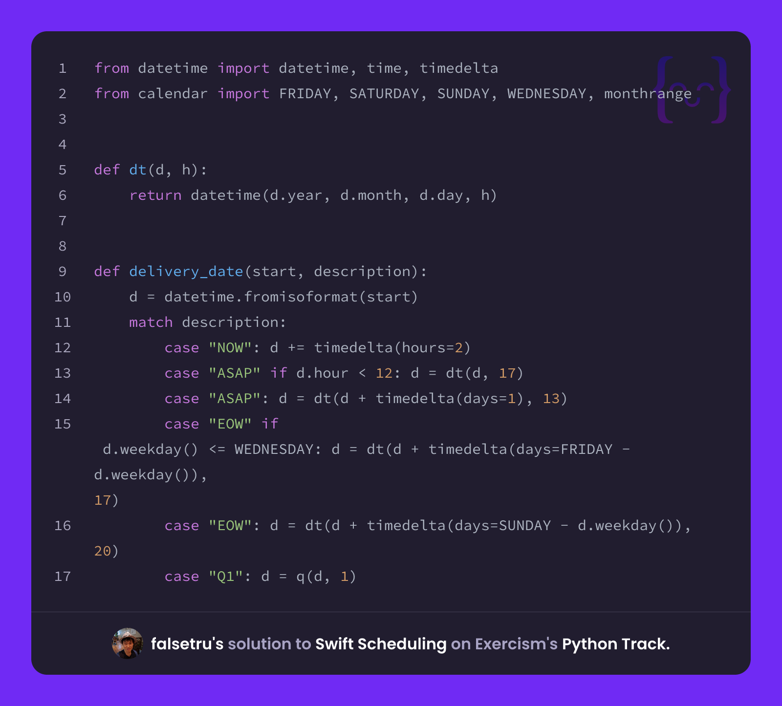 falsetru's solution for Swift Scheduling in Python on Exercism