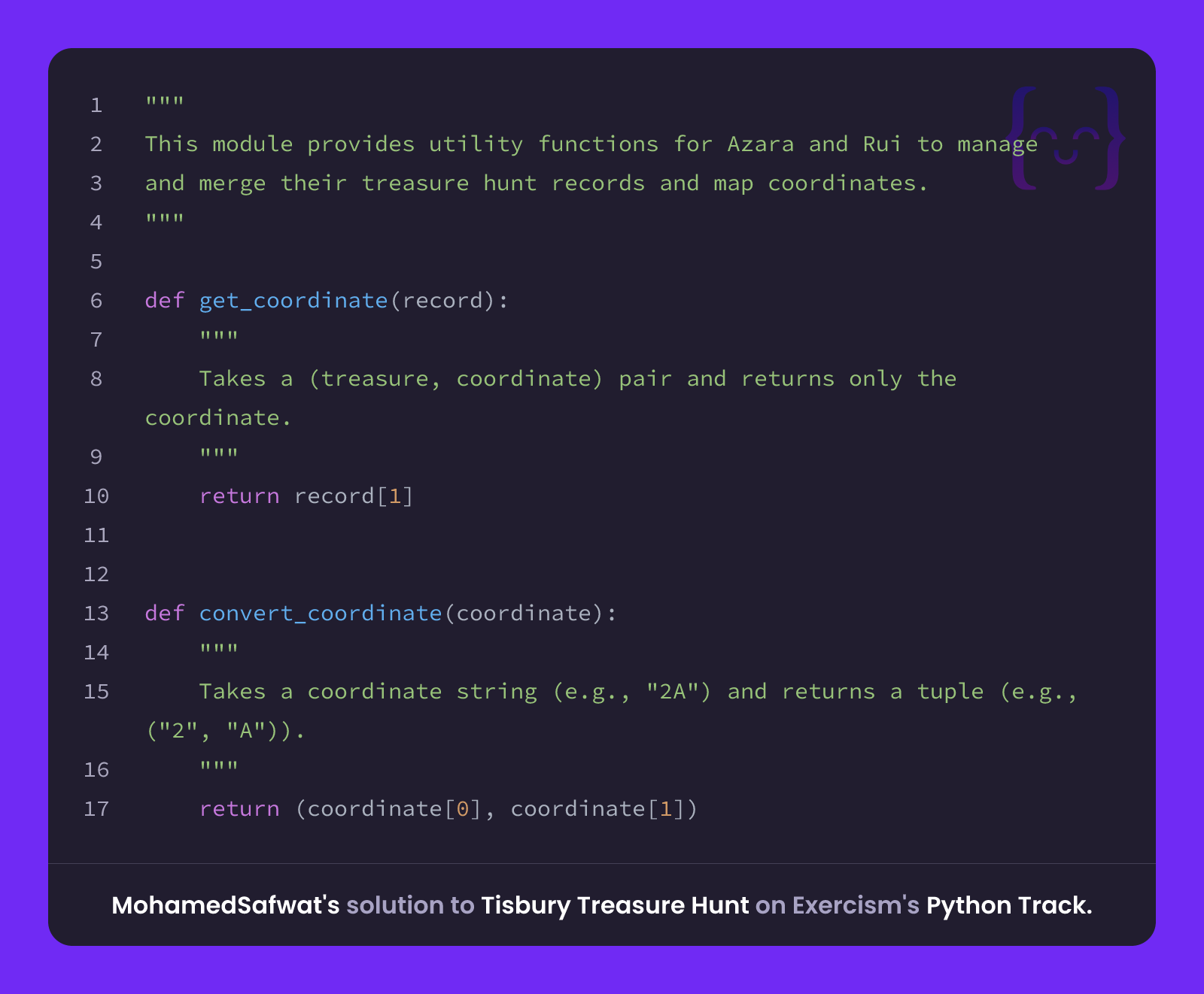 MohamedSafwat's solution for Tisbury Treasure Hunt in Python on Exercism