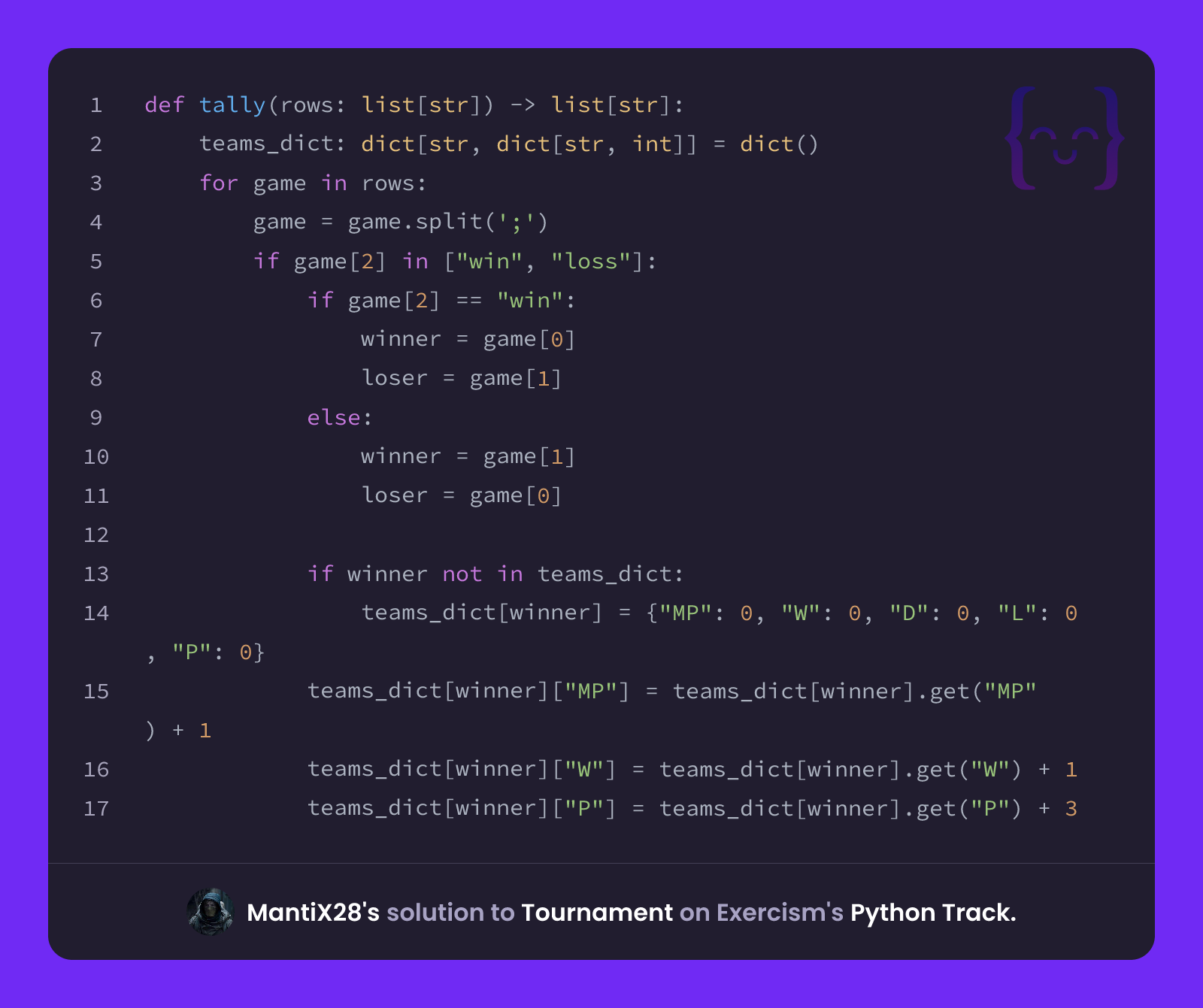 MantiX28's solution for Tournament in Python on Exercism