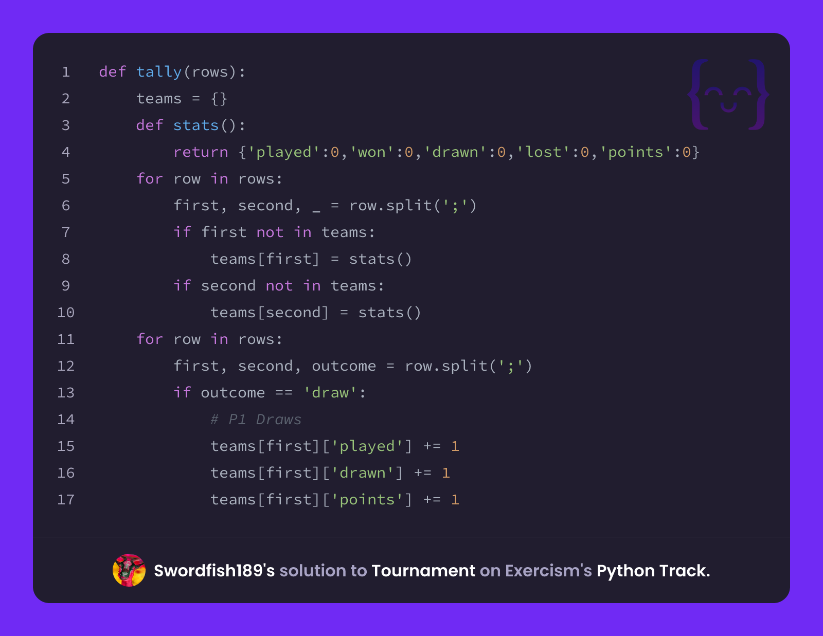 Swordfish189's solution for Tournament in Python on Exercism