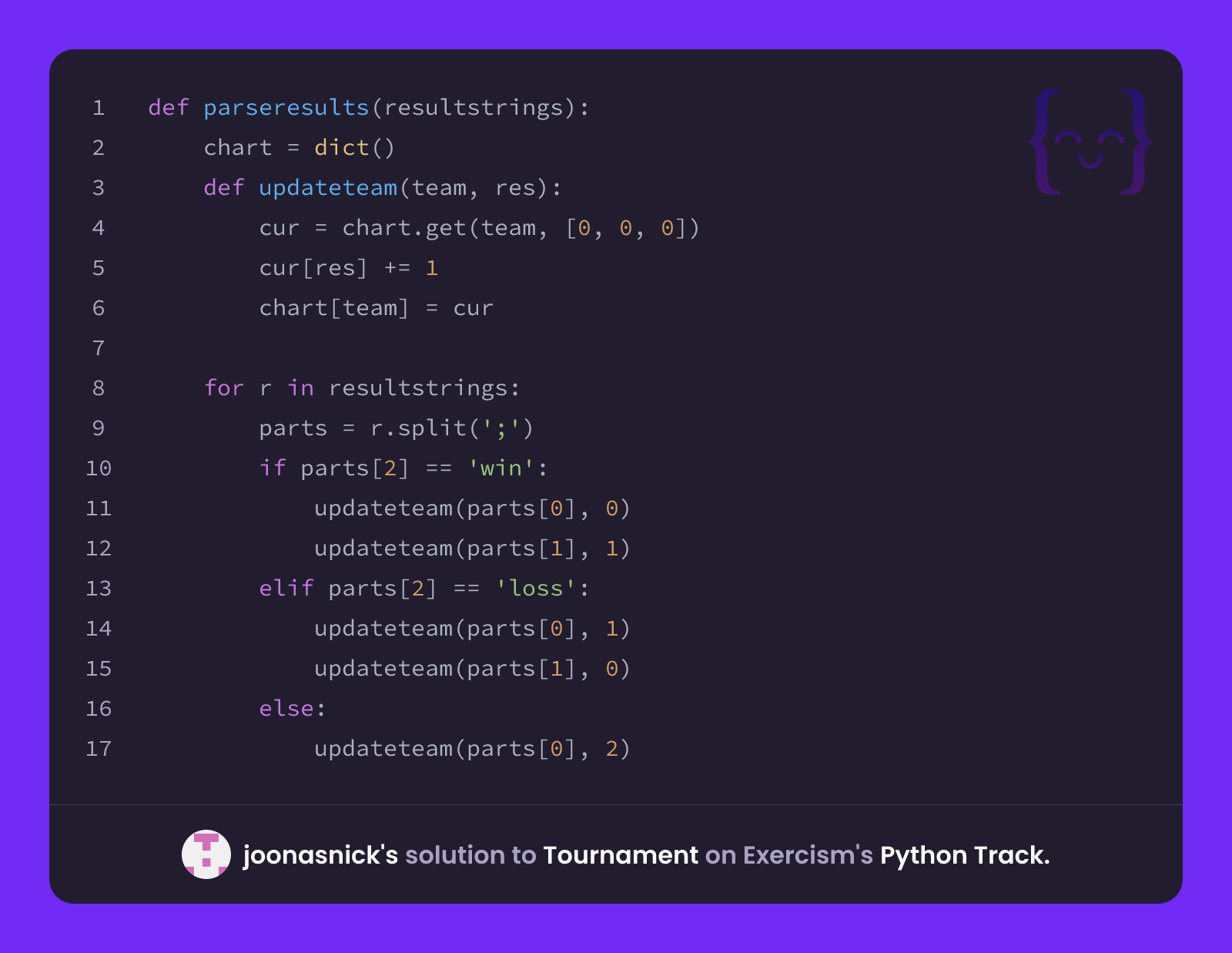 joonasnick's solution for Tournament in Python on Exercism