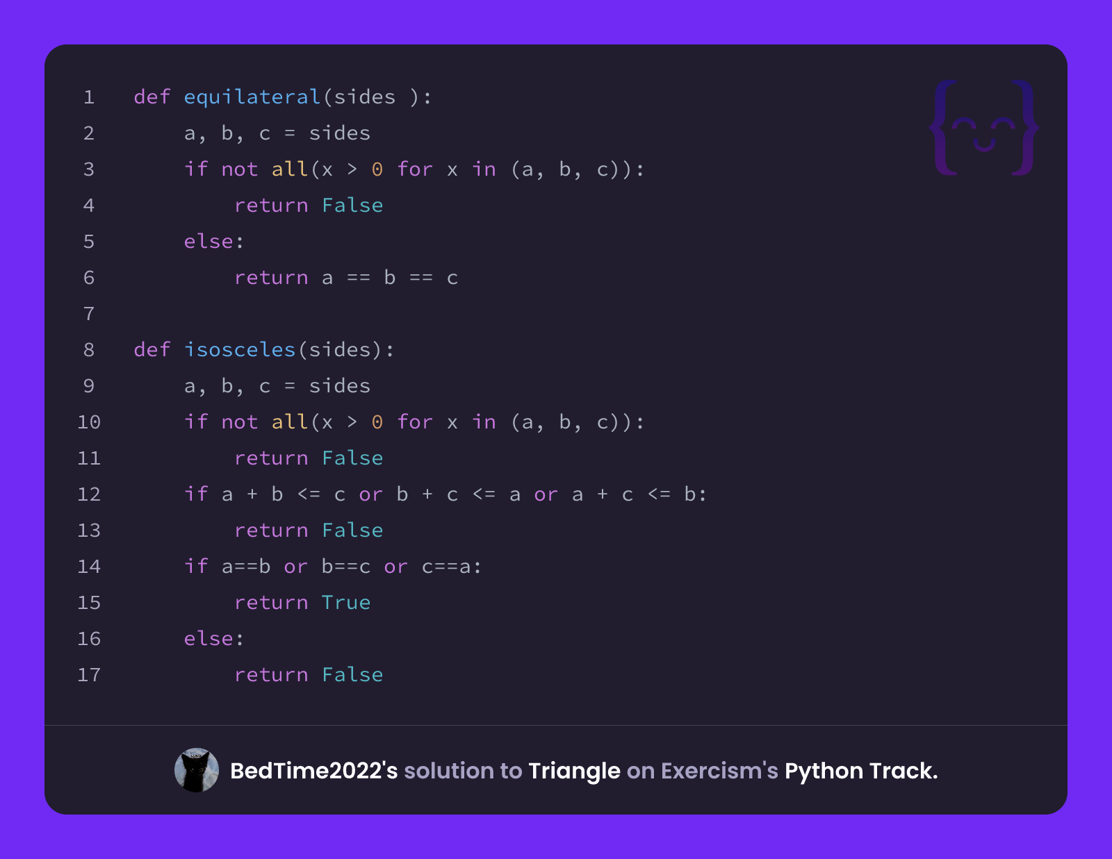 BedTime2022's solution for Triangle in Python on Exercism