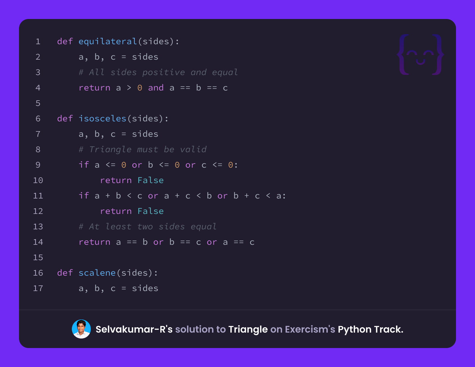 Selvakumar-R's solution for Triangle in Python on Exercism
