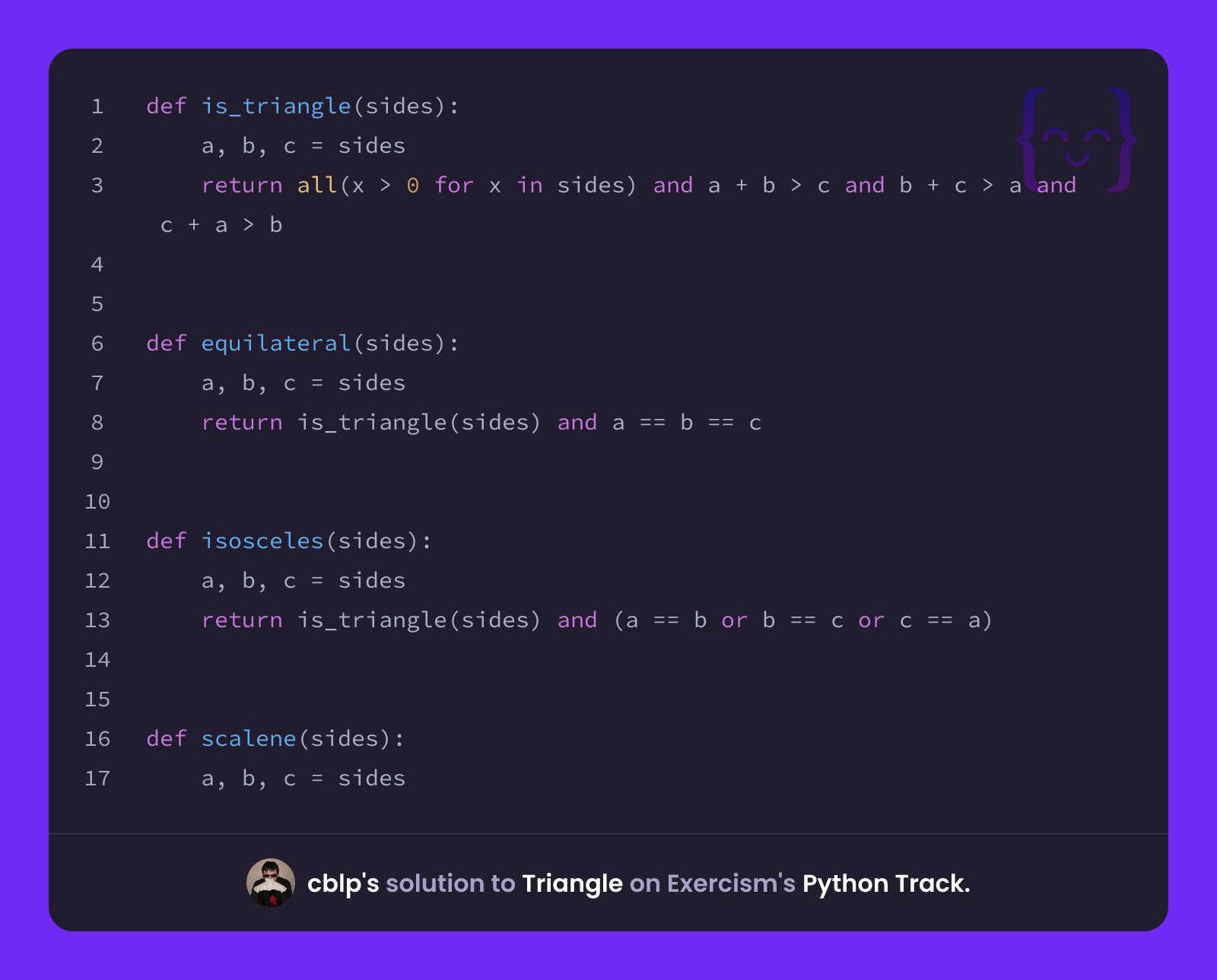 cblp's solution for Triangle in Python on Exercism