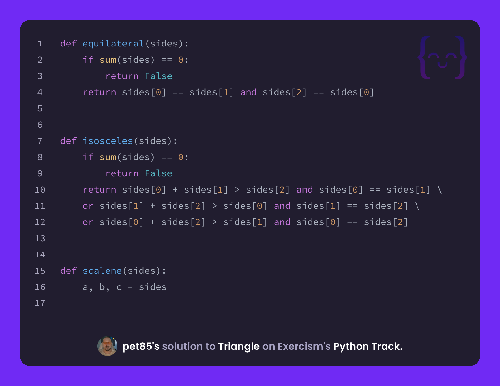 pet85's solution for Triangle in Python on Exercism