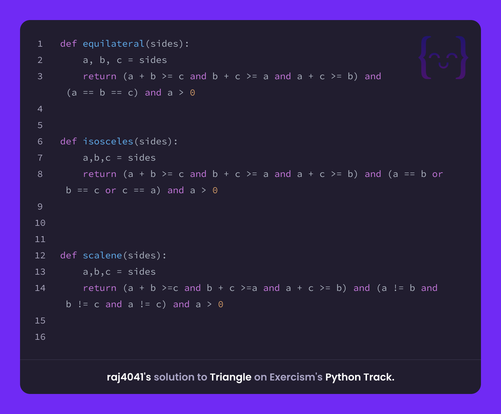 raj4041's solution for Triangle in Python on Exercism