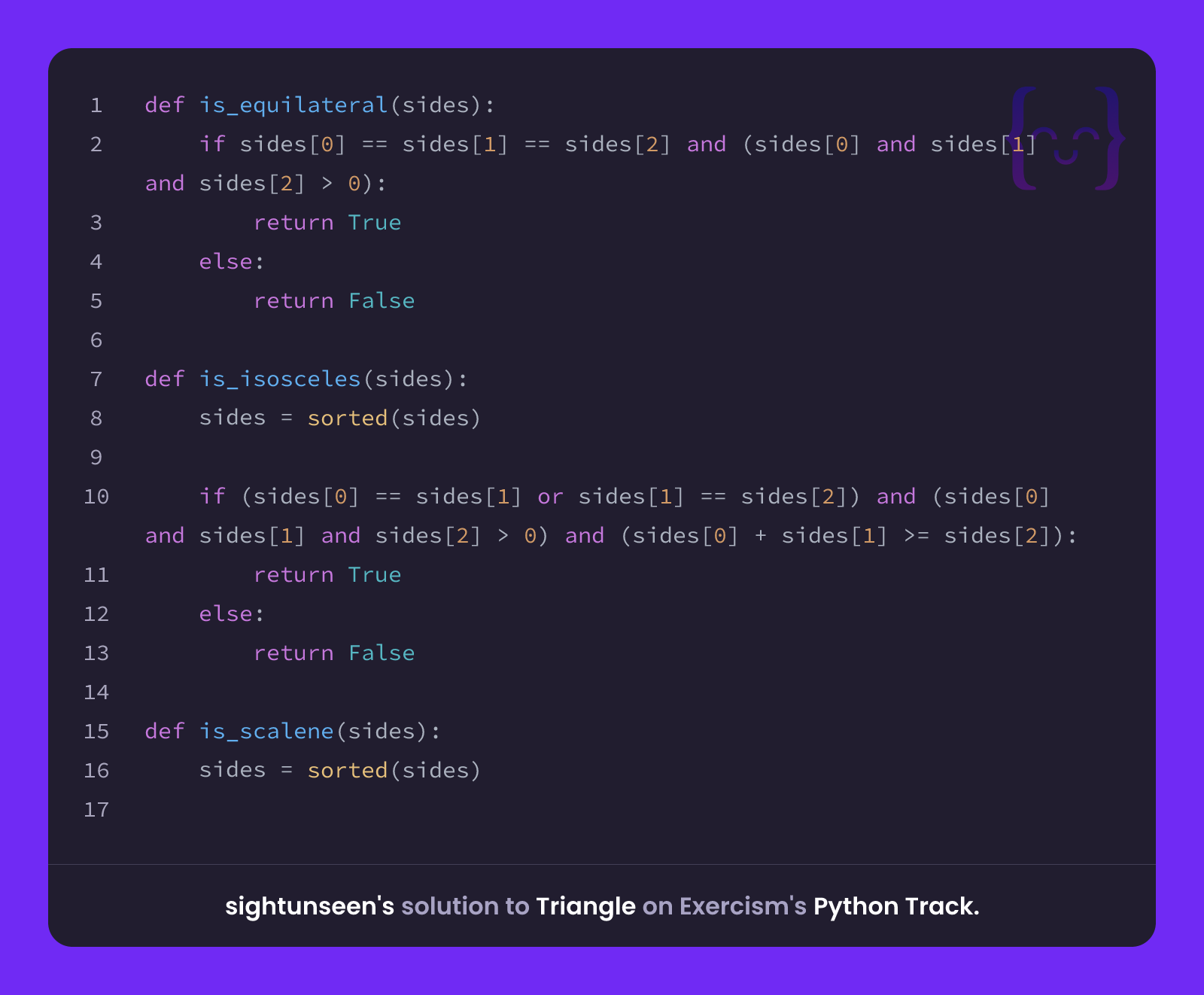 sightunseen's solution for Triangle in Python on Exercism