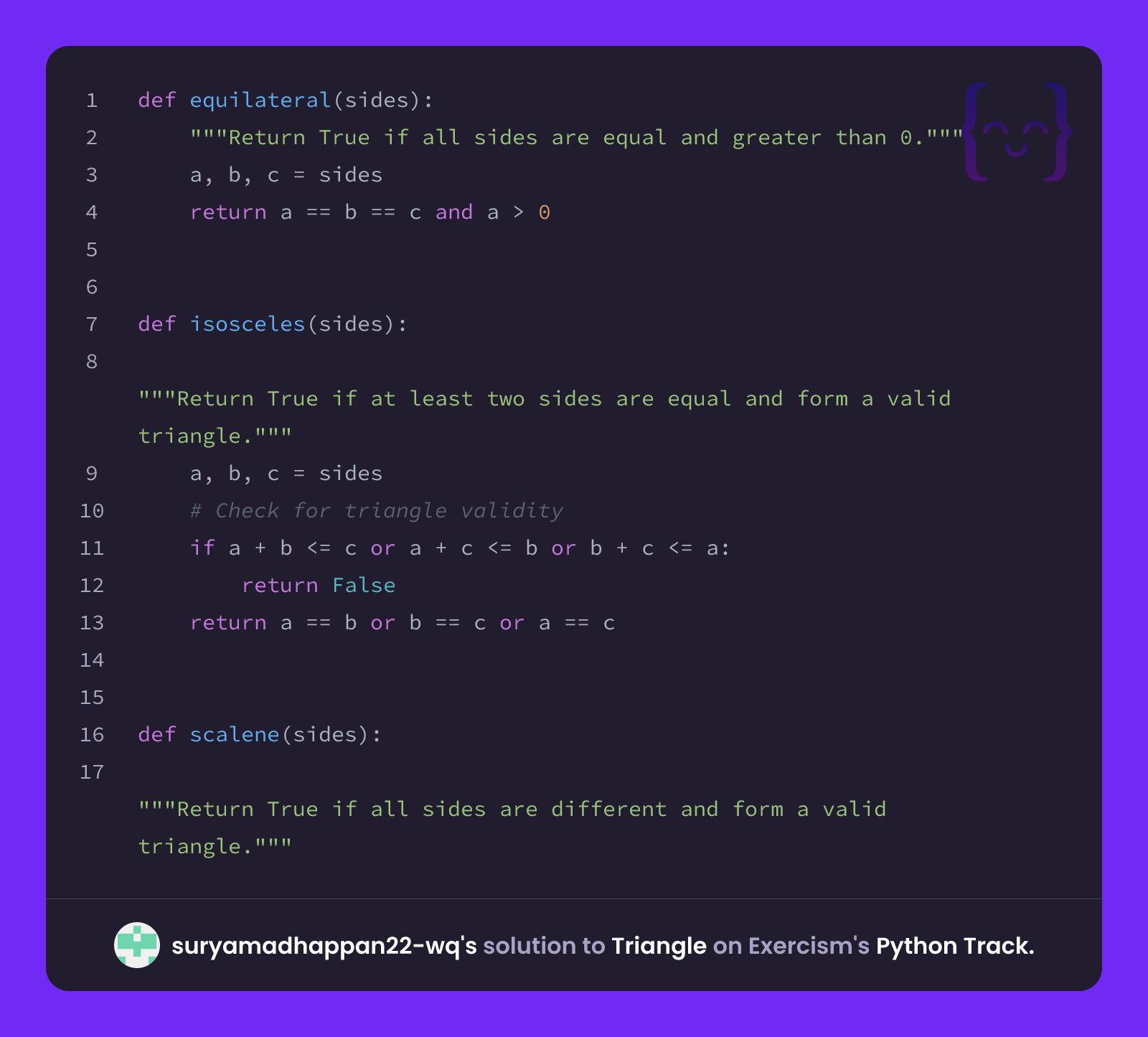 suryamadhappan22-wq's solution for Triangle in Python on Exercism
