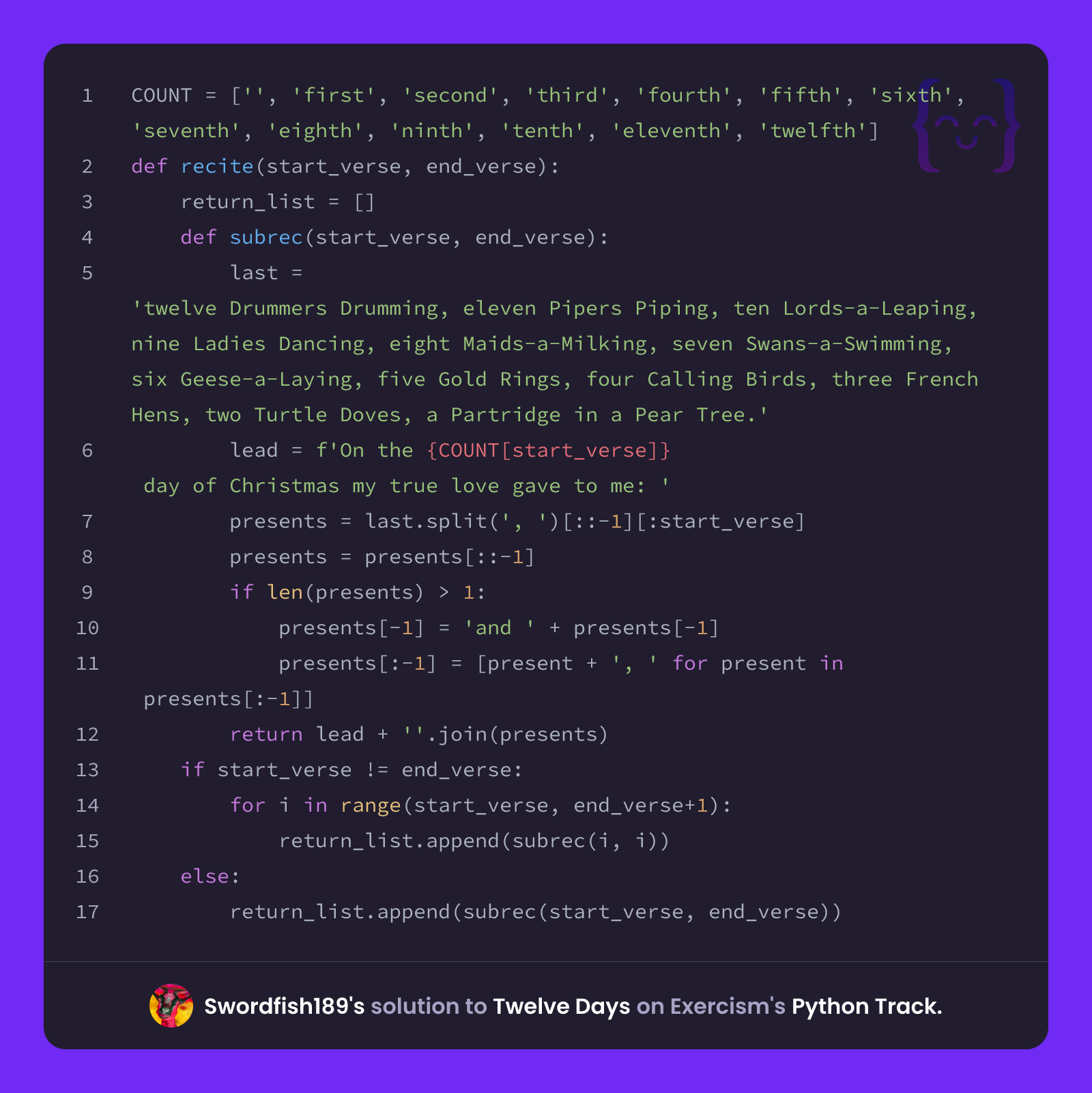 Swordfish189's solution for Twelve Days in Python on Exercism