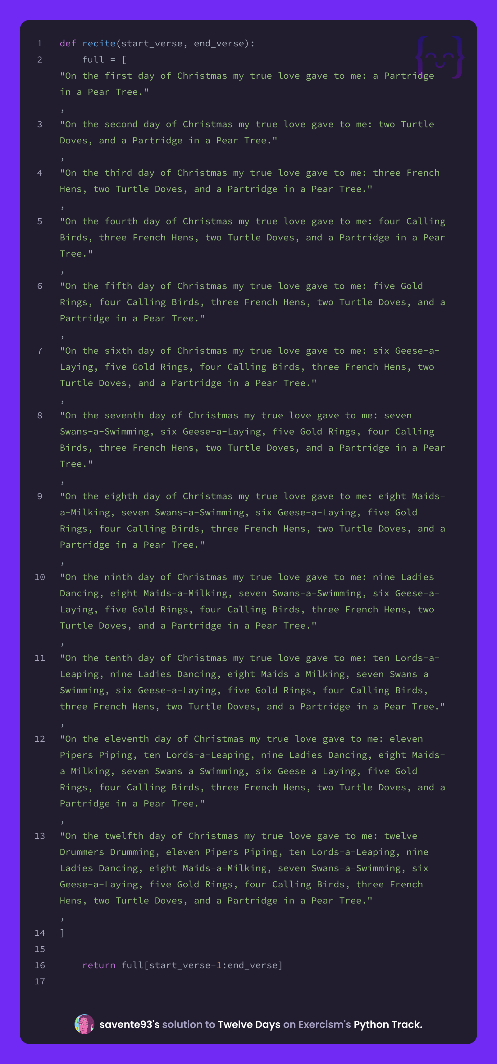 savente93's solution for Twelve Days in Python on Exercism