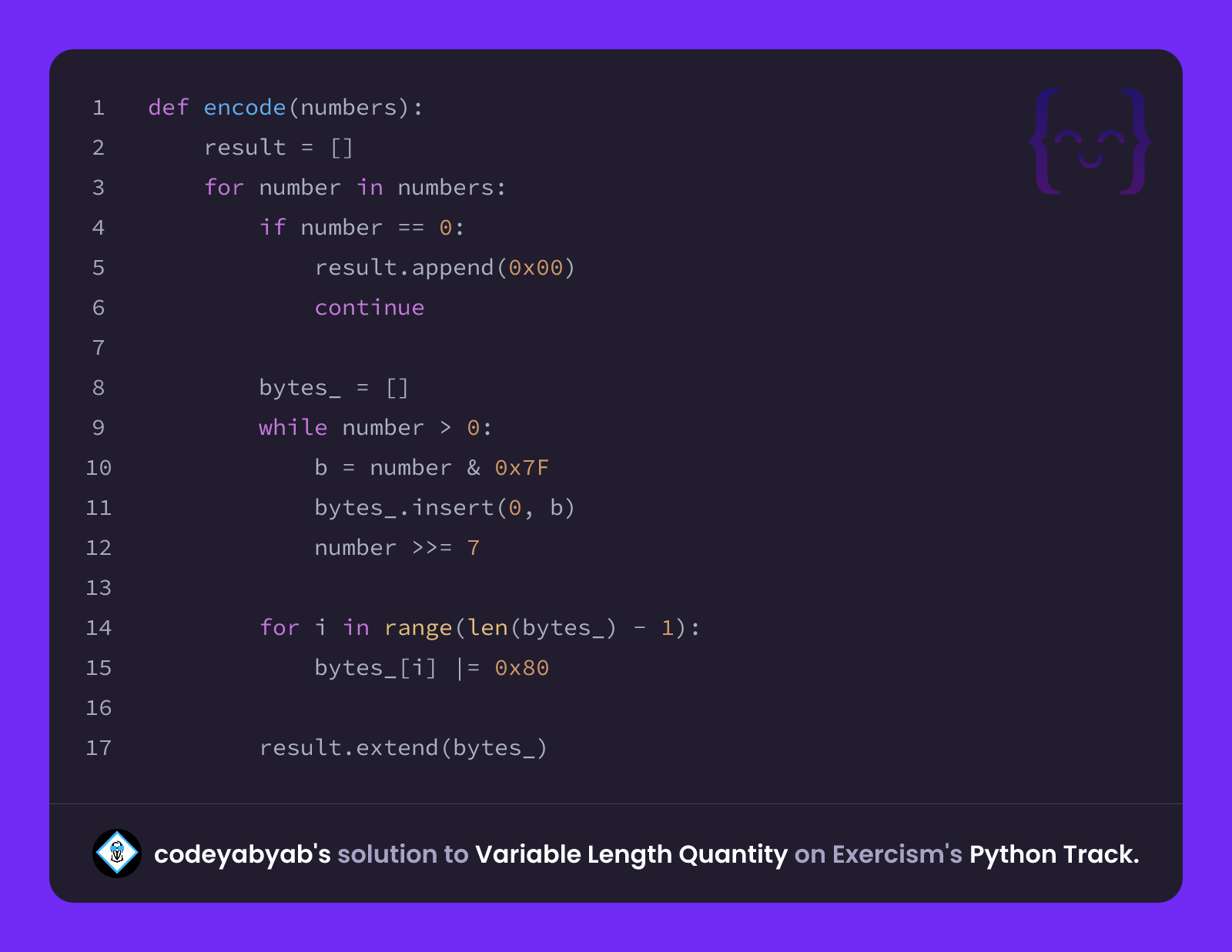 codeyabyab's solution for Variable Length Quantity in Python on Exercism