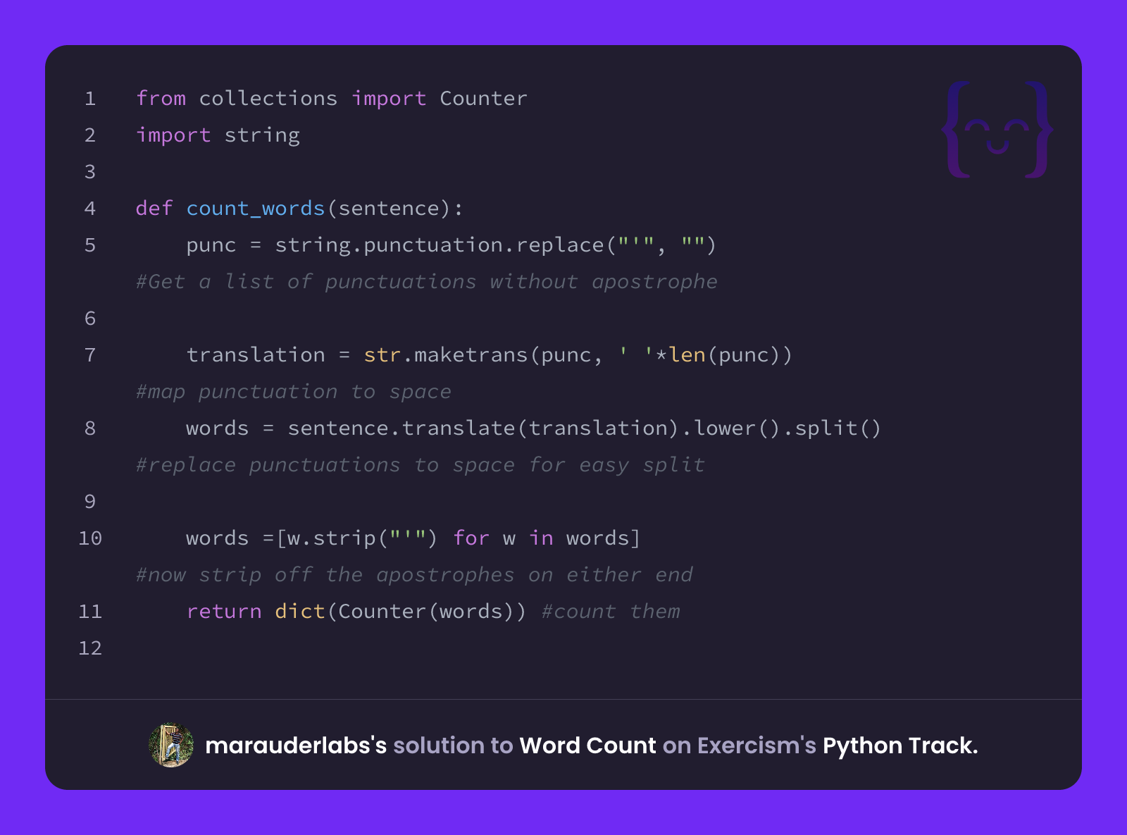 marauderlabs's solution for Word Count in Python on Exercism