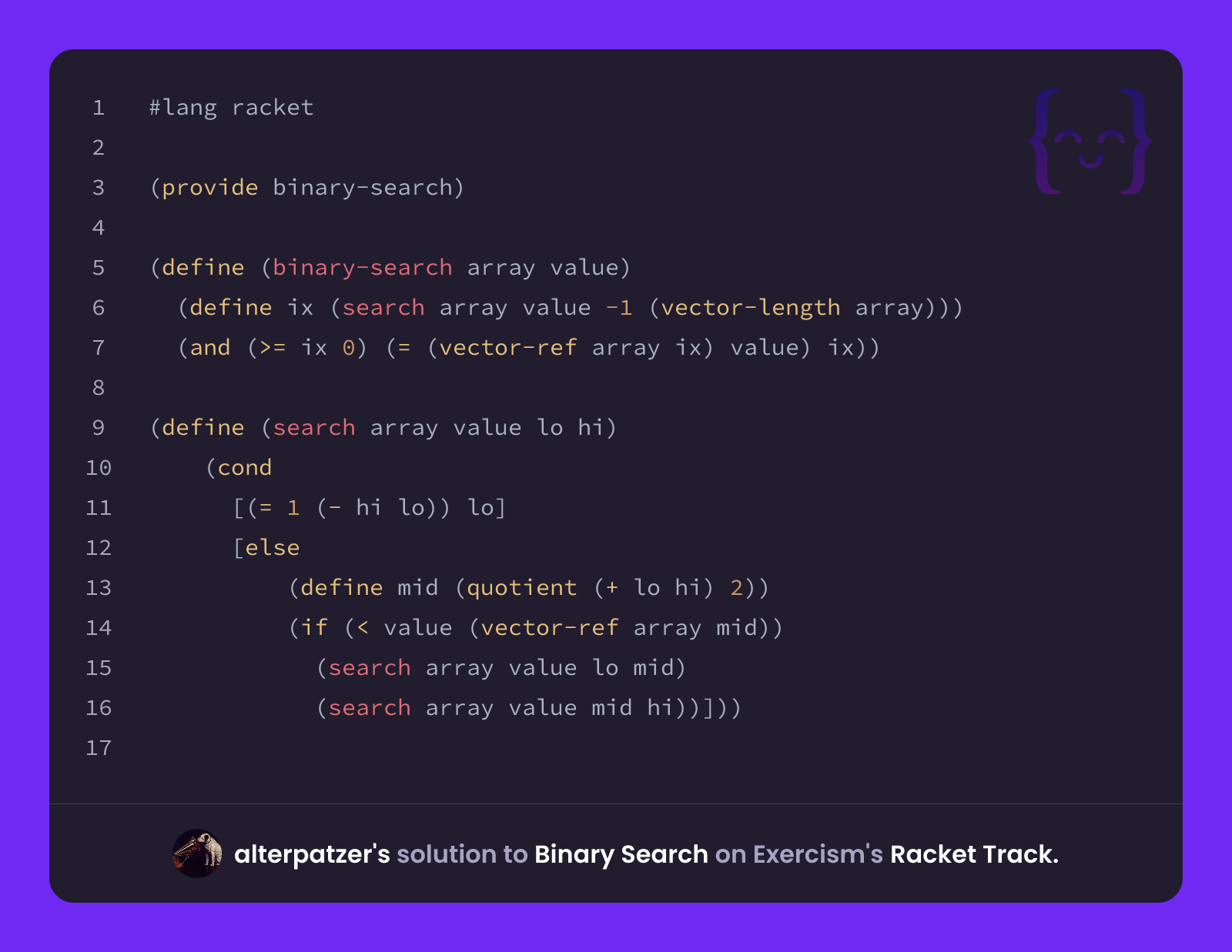 alterpatzer's solution for Binary Search in Racket on Exercism